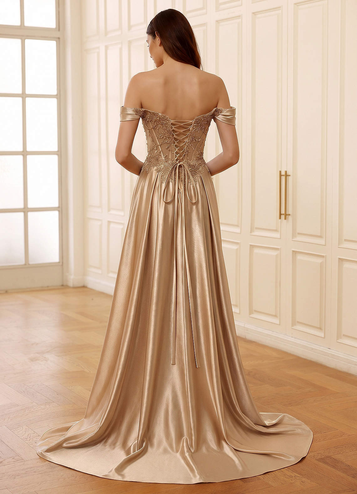 Rowane A-Line Off-the-Shoulder Satin Evening Dress in champagne