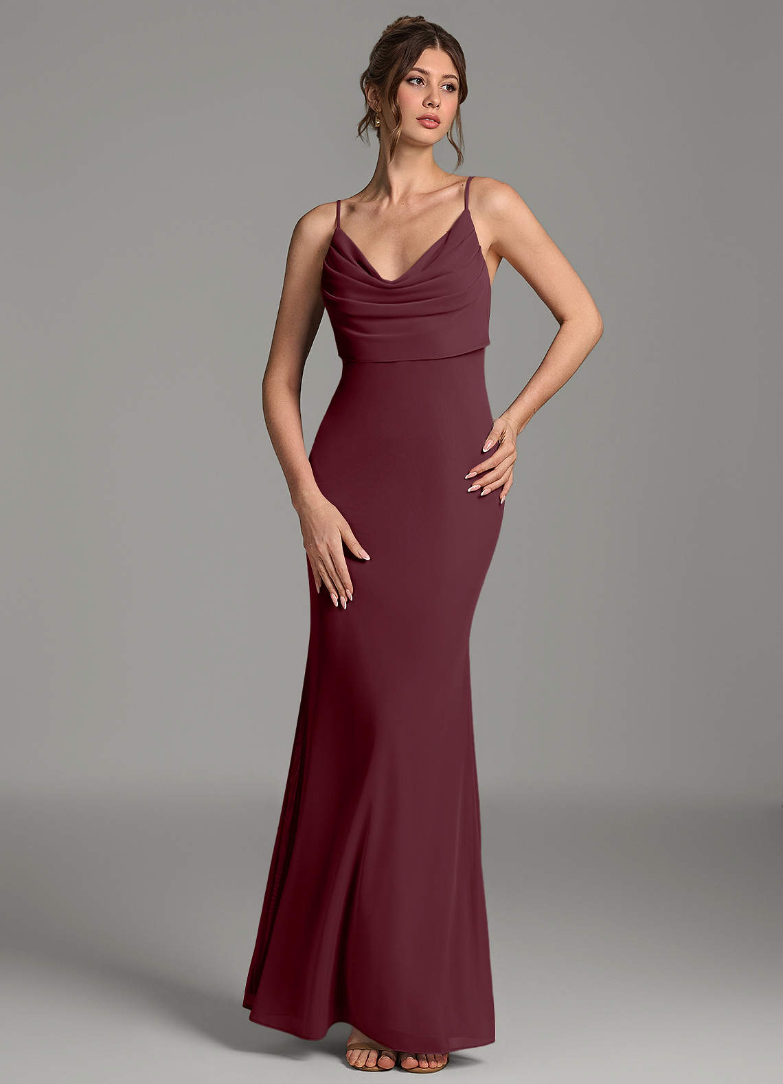 Zari Mermaid Cowl-Neck Mesh Bridesmaid Dress in Cabernet