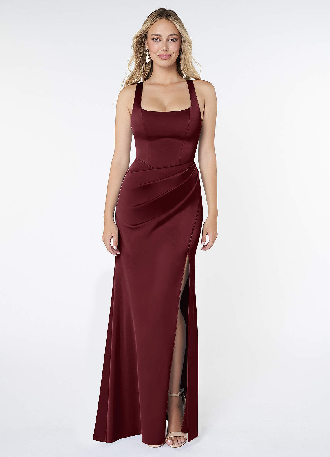Mero Mermaid Square-Neck Stretch Satin Bridesmaid Dress in Cabernet