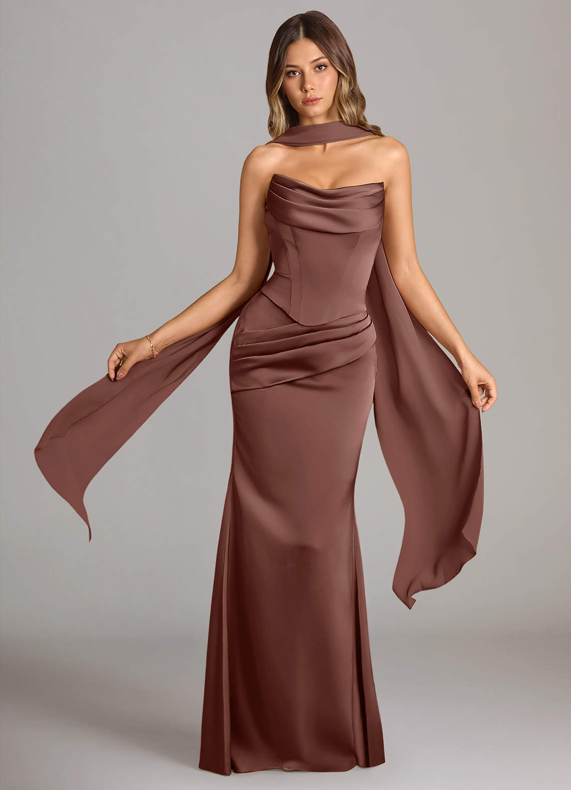 Sorrel Mermaid Cowl-Neck Stretch Satin and Chiffon Bridesmaid Dress in Espresso