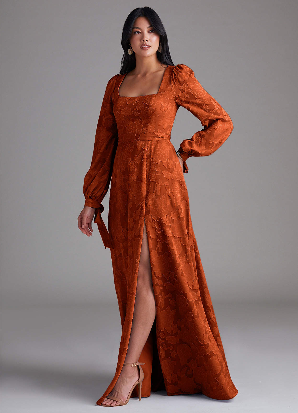 Leonia A-Line Square-Neck Stretch Satin Bridesmaid Dress in Paprika