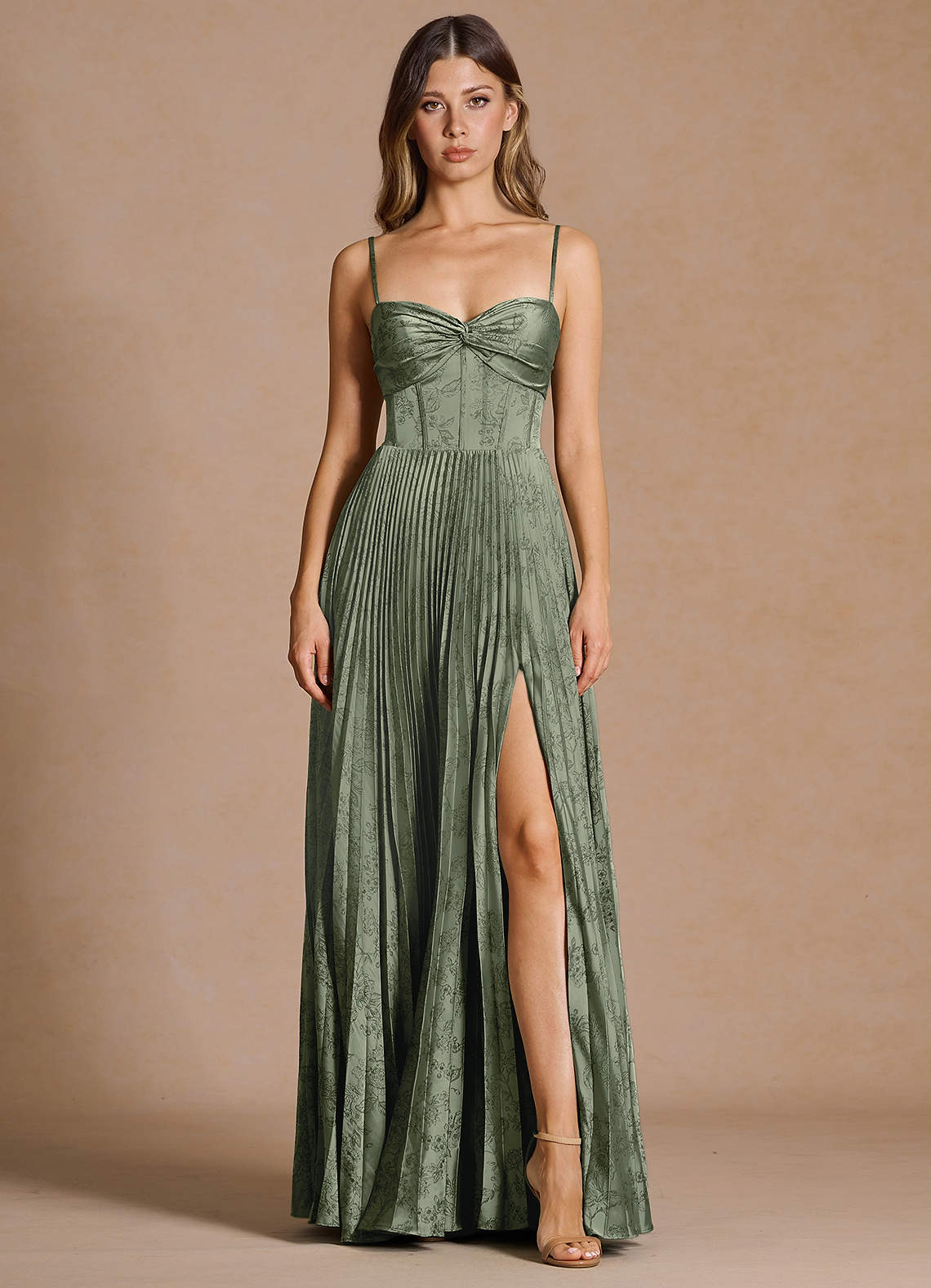 Vesper Pleated Knot-Neck Jacquard Wedding Guest Dress in Sage Blue