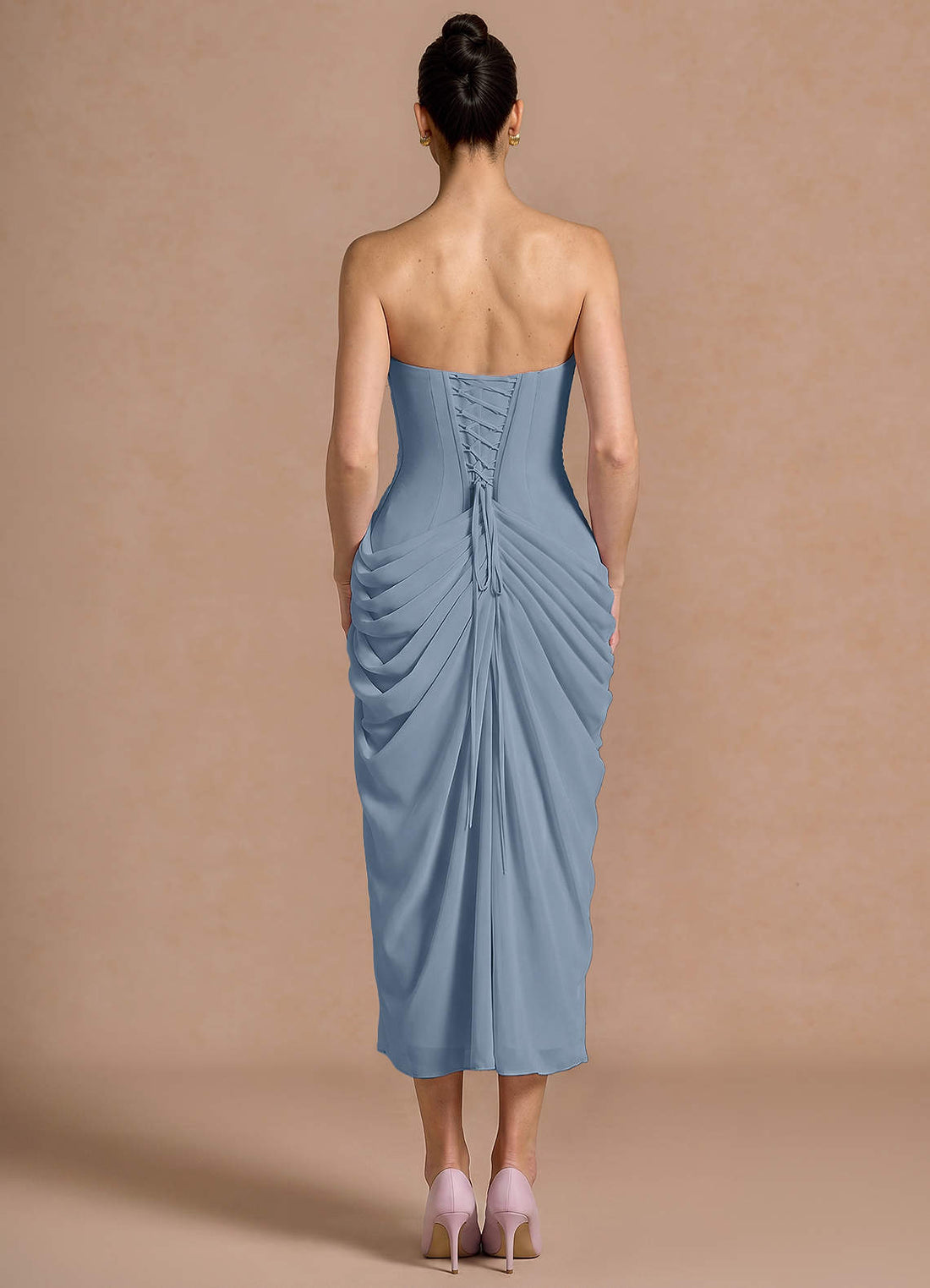 Kaavia Column Pleated Chiffon Midi Evening Dress in Dusty Blue