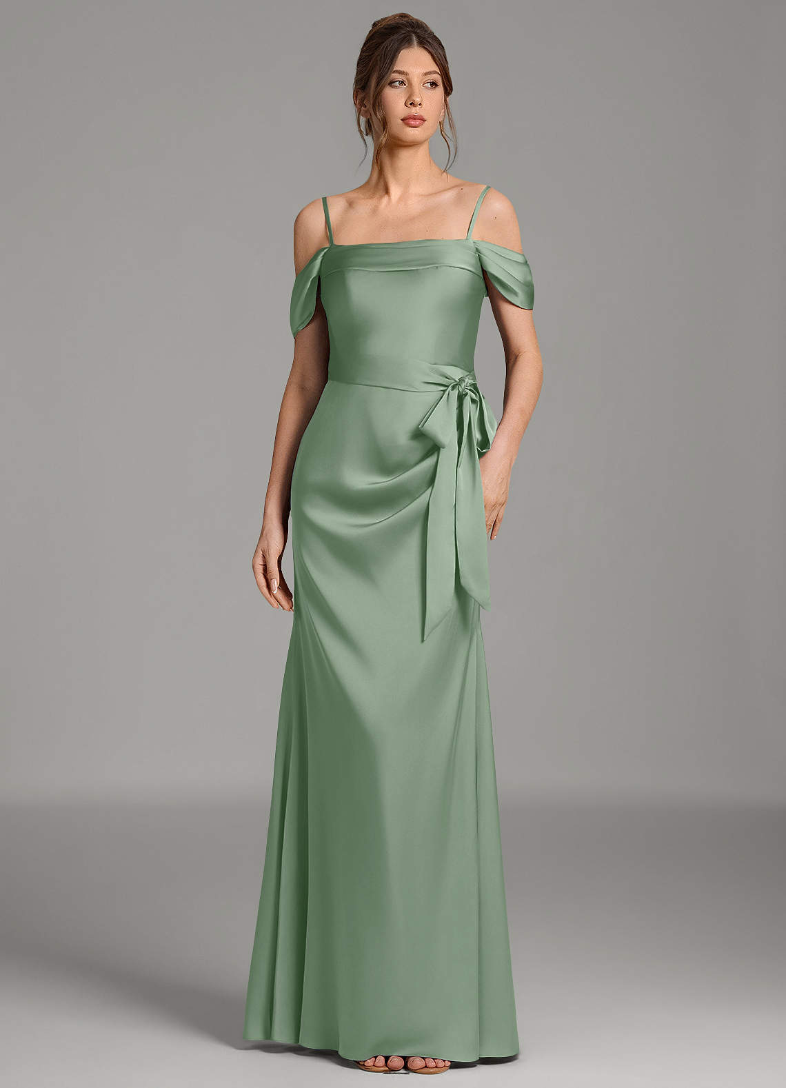 Wyatt Mermaid Off-the-Shoulder Stretch Satin Bridesmaid Dress in Matcha
