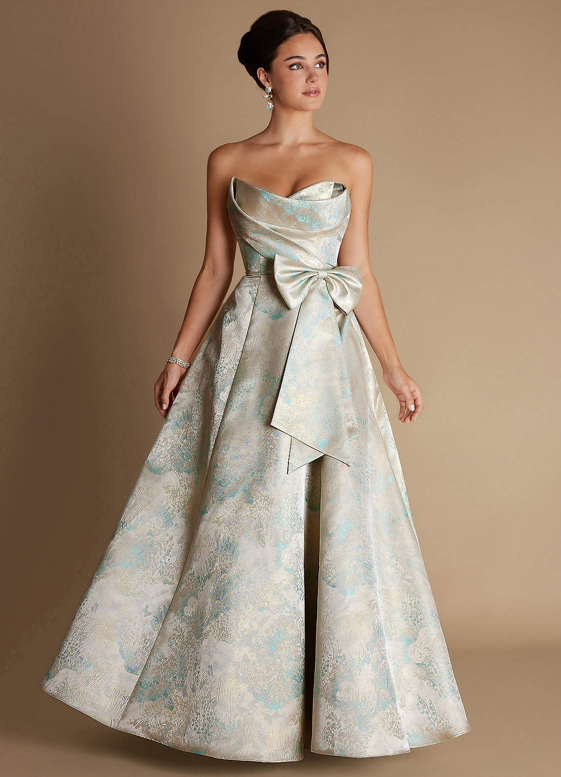 Alanis A-Line Strapless Brocade Evening Dress in Mint Pearl