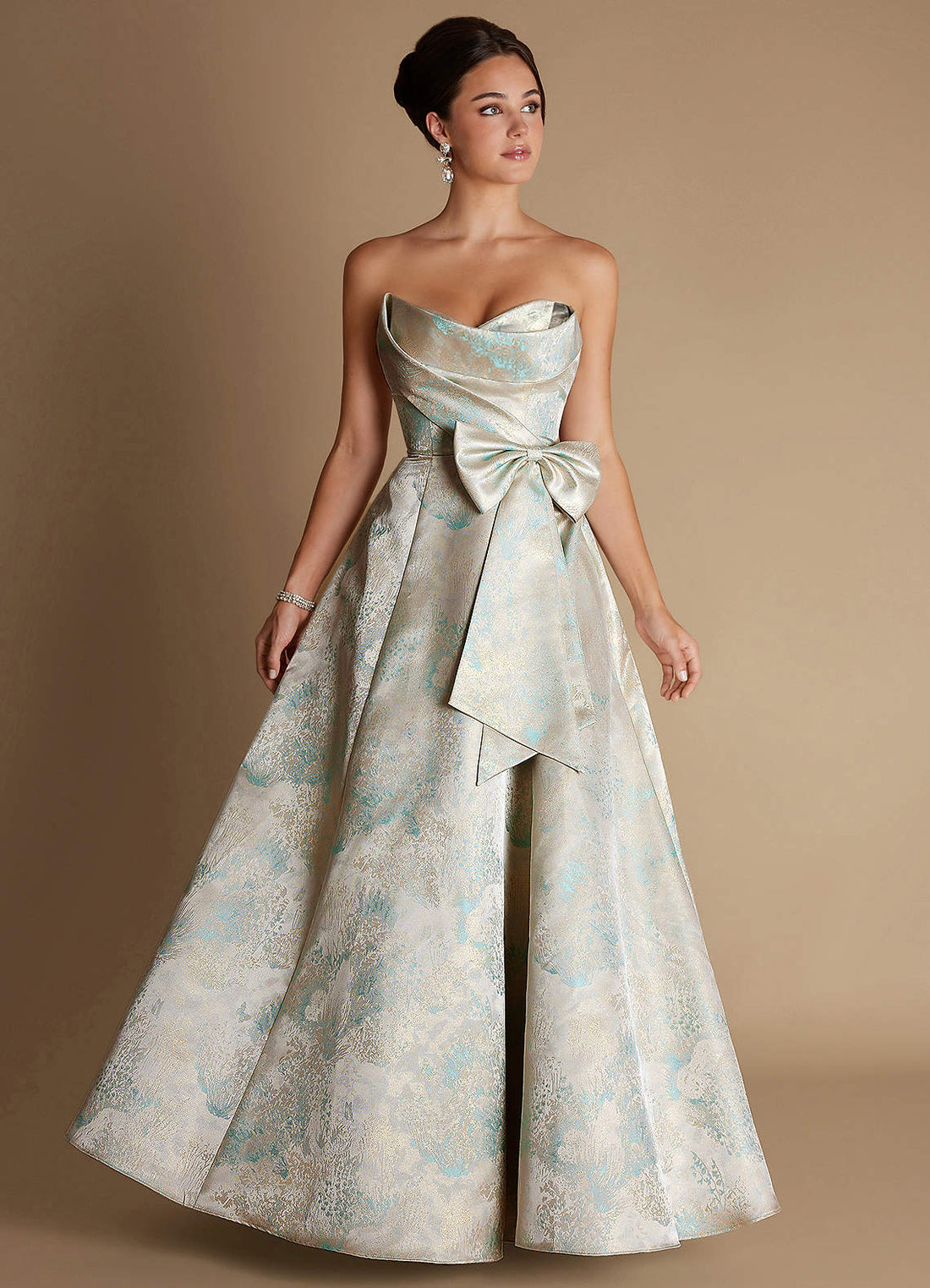 Alanis A-Line Strapless Brocade Evening Dress in Mint Pearl