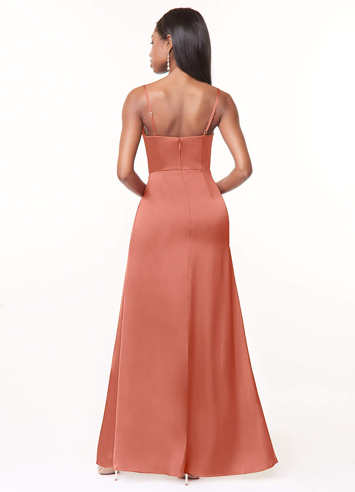 Maci A-Line V-Neck Stretch Satin Bridesmaid Dress in Salmon Pink