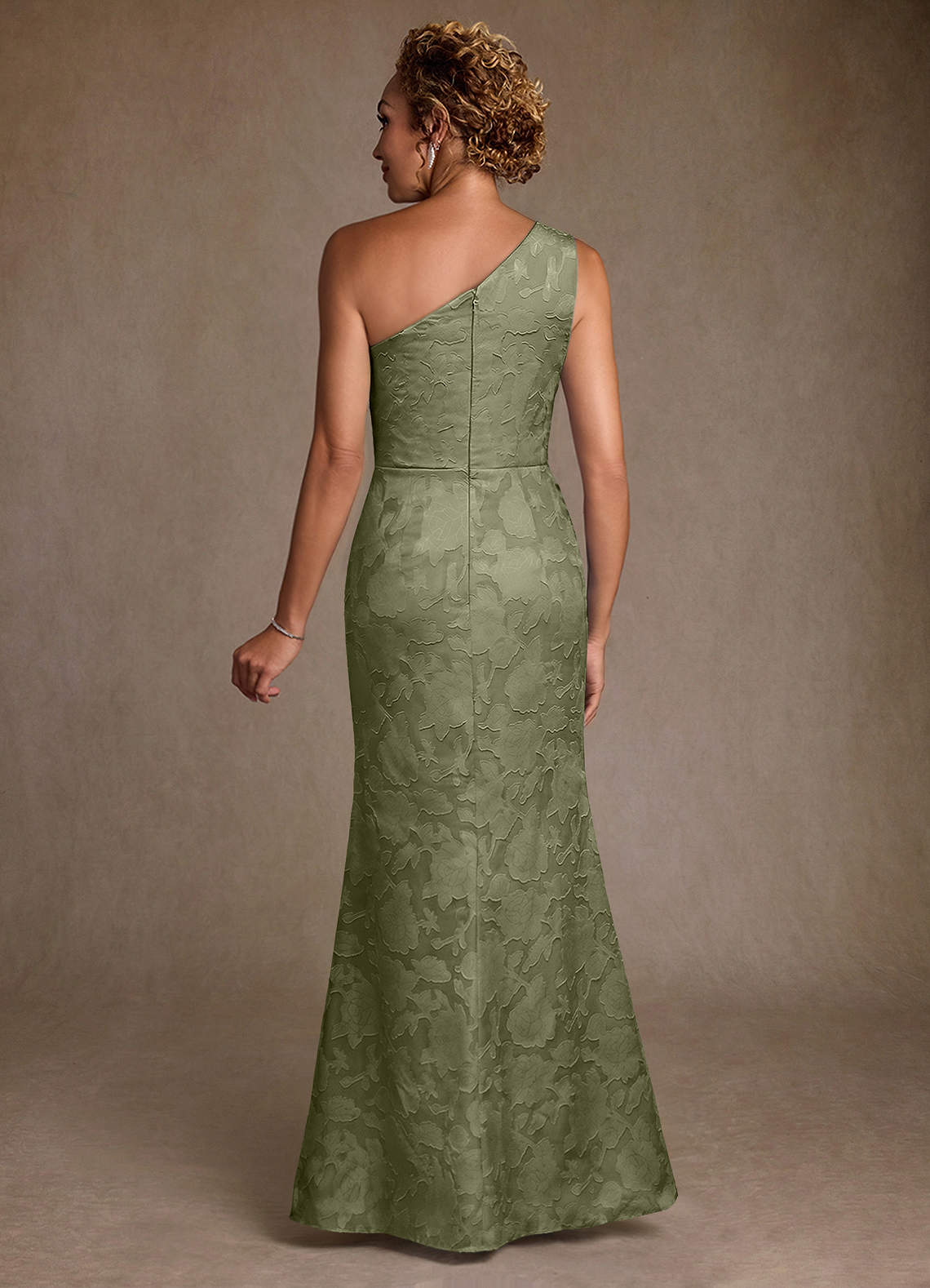 Joylin Trumpet One-Shoulder Floral Burnout Mother of the Bride Dress in Pistachio