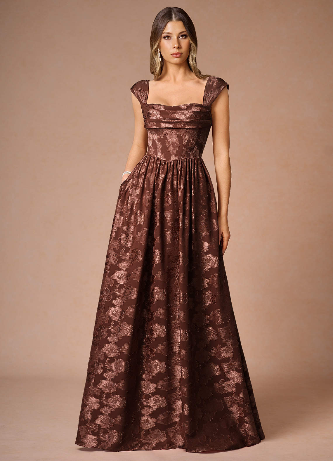 Hazel A-Line Cowl-Neck Fil Coupé Wedding Guest Dress in Mocha Coco