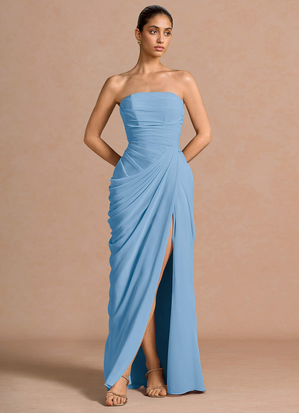 Kaavia Column Pleated Chiffon Maxi Evening Dress in Dusty Blue