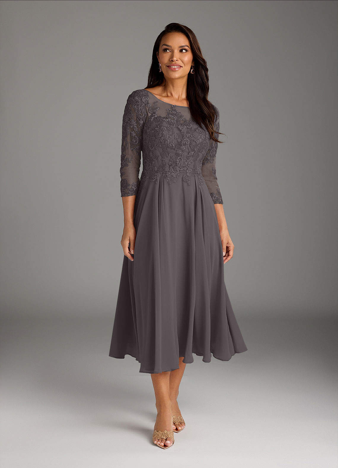 Marge A-Line Scoop-Neck Chiffon and Lace Mother of the Bride Dress in Steel Grey
