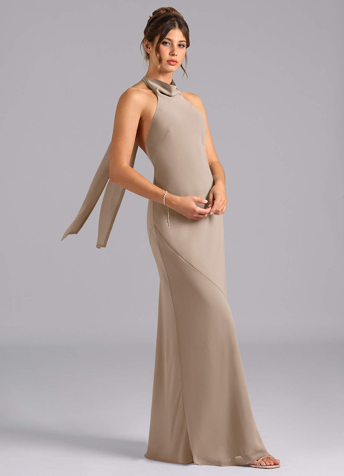 Velli Mermaid Halter Chiffon Bridesmaid Dress in Taupe