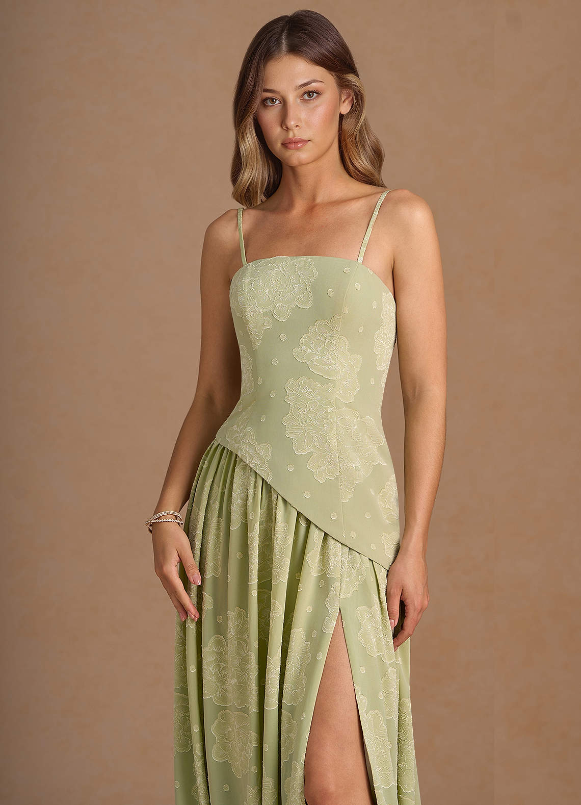 Marcella A-Line Corset Chiffon Burnout Wedding Guest Dress in Celadon