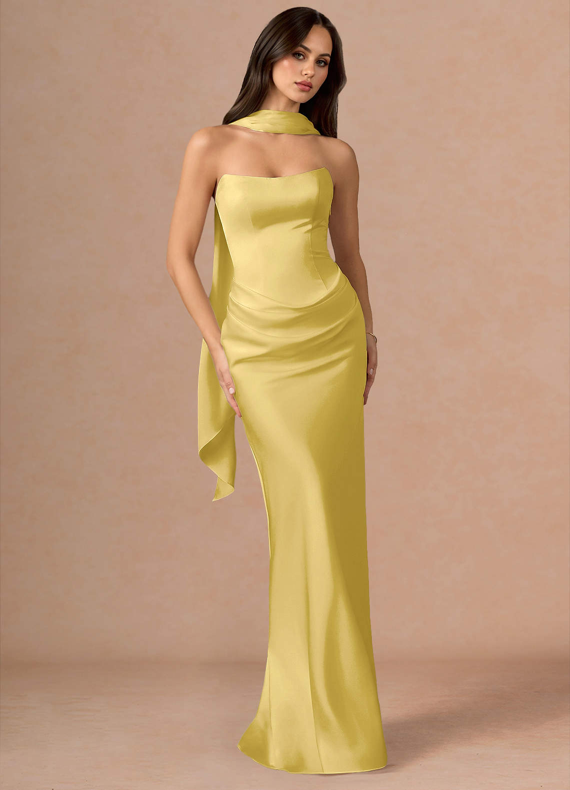 Valencia Scarf Lace-Up Stretch Satin Evening Dress in Dusty Blue
