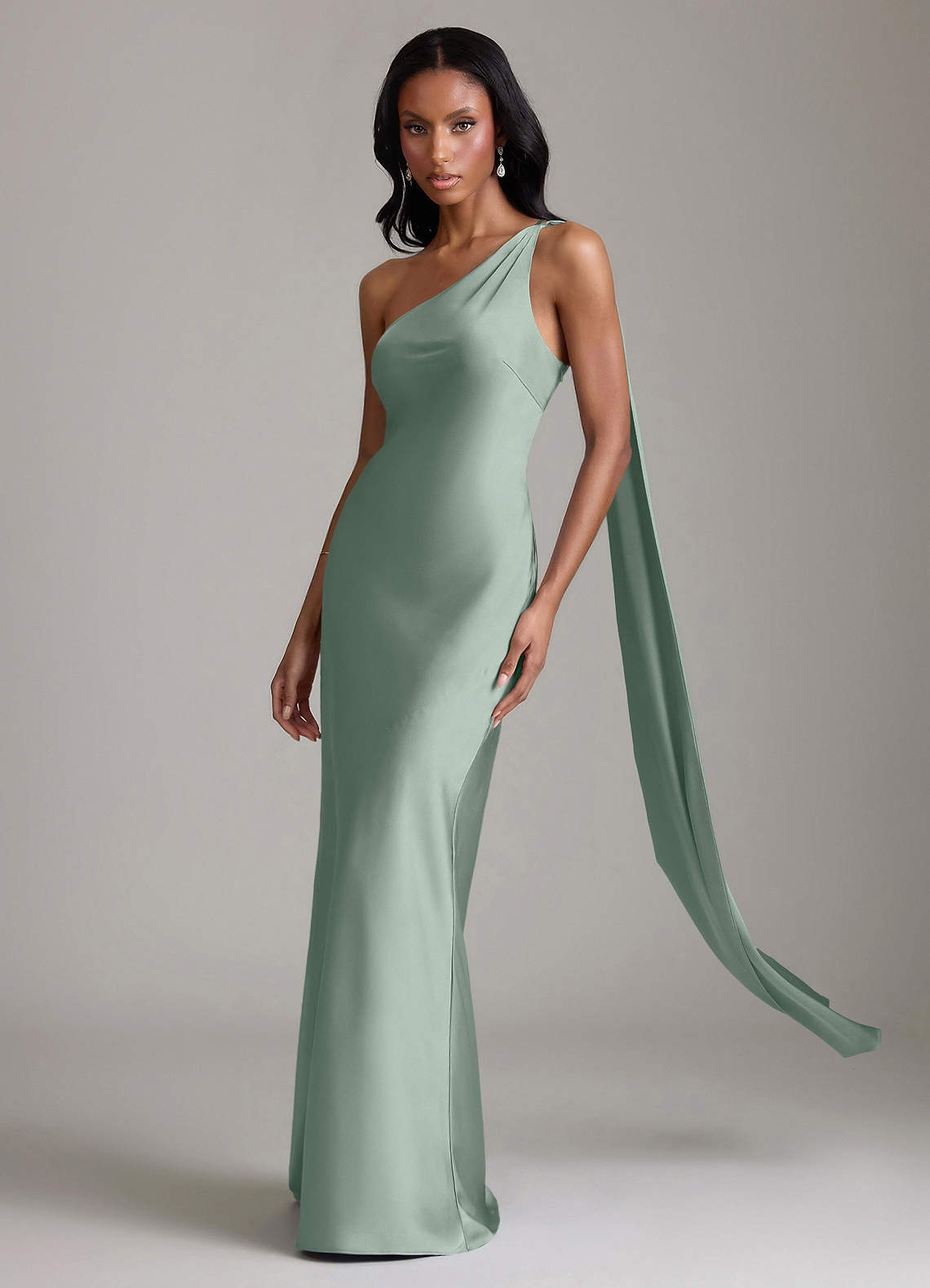 Juniper Mermaid One-Shoulder Stretch Satin Bridesmaid Dress in Agave