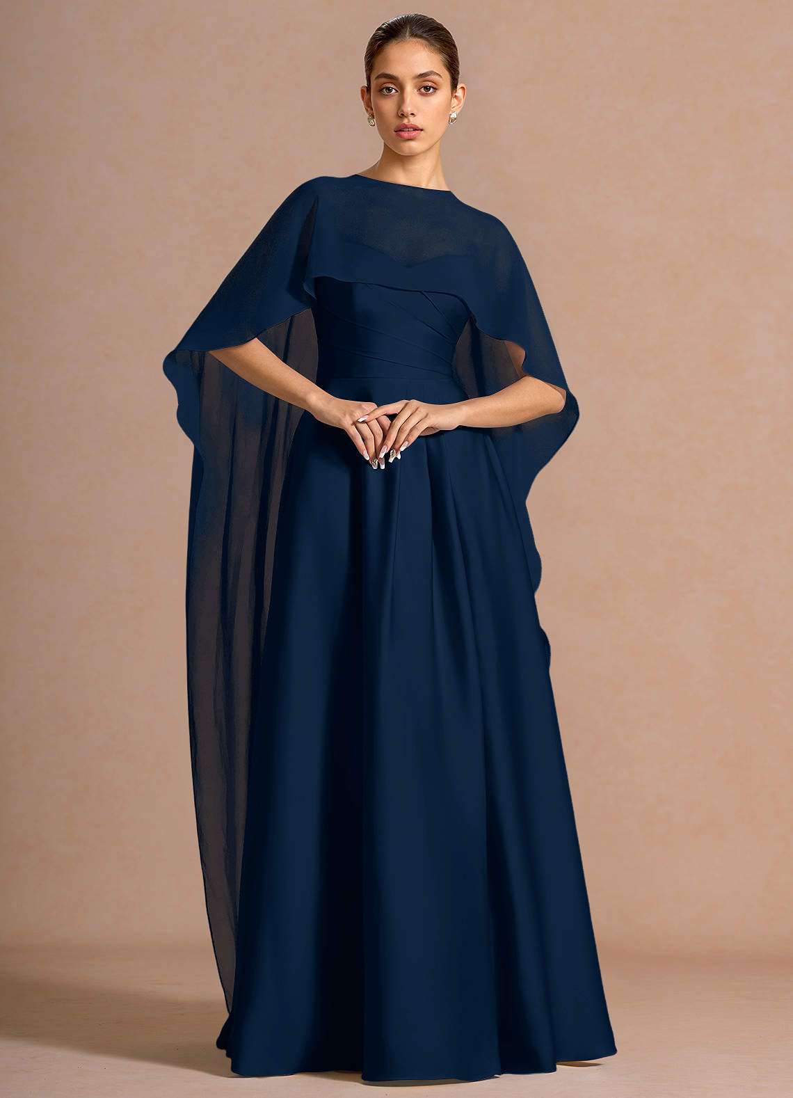 Nancy A-Line V-Neck Stretch Satin and Chiffon Evening Dress in Navy