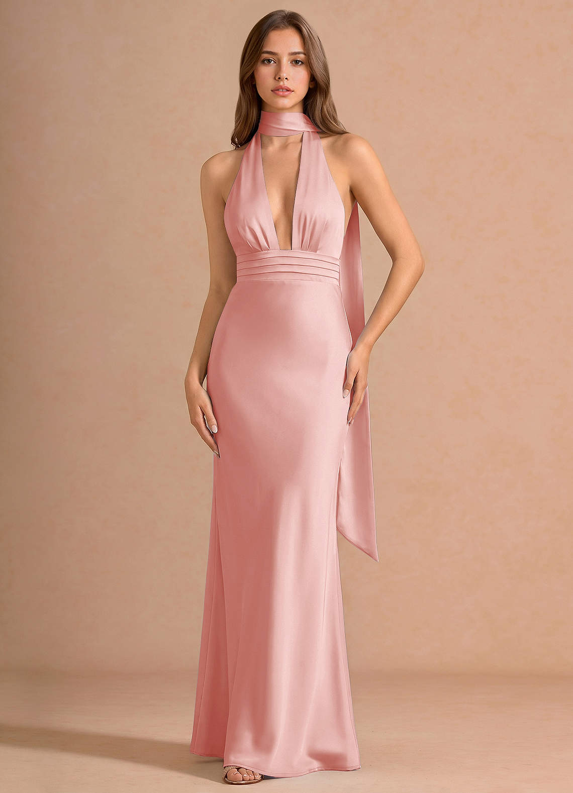 Linnea A-Line V-Neck Stretch Satin Evening Dress in Haze Pink