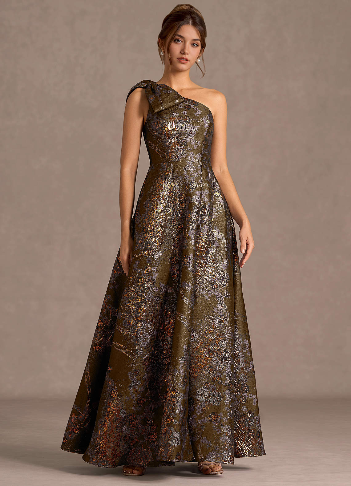 Jonelle A-Line One-Shoulder Metallic Jacquard Evening Dress in Mocha Coco