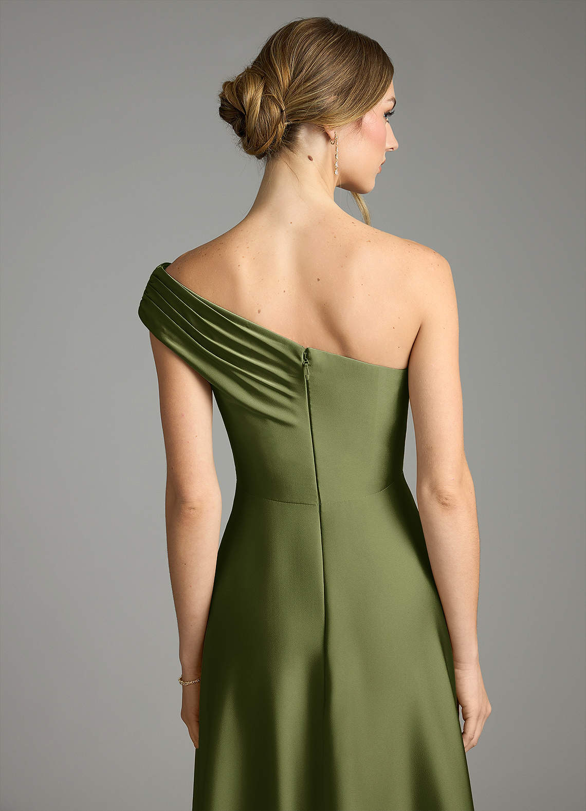 Melanie A-Line One-Shoulder Stretch Satin Bridesmaid Dress in Olive