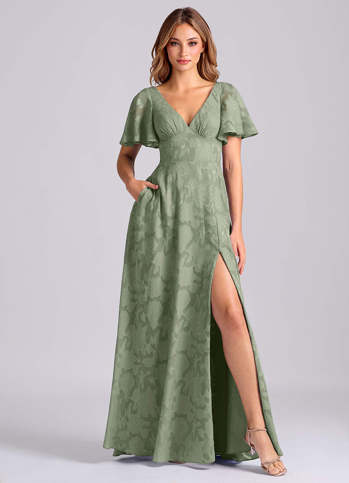 Kimber A-Line V-Neck Floral Burnout Bridesmaid Dress in Agave