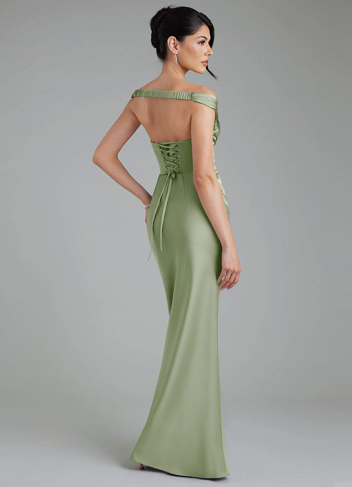 Stella Sheath V-Neck Stretch Satin Bridesmaid Dress in Dusty Sage