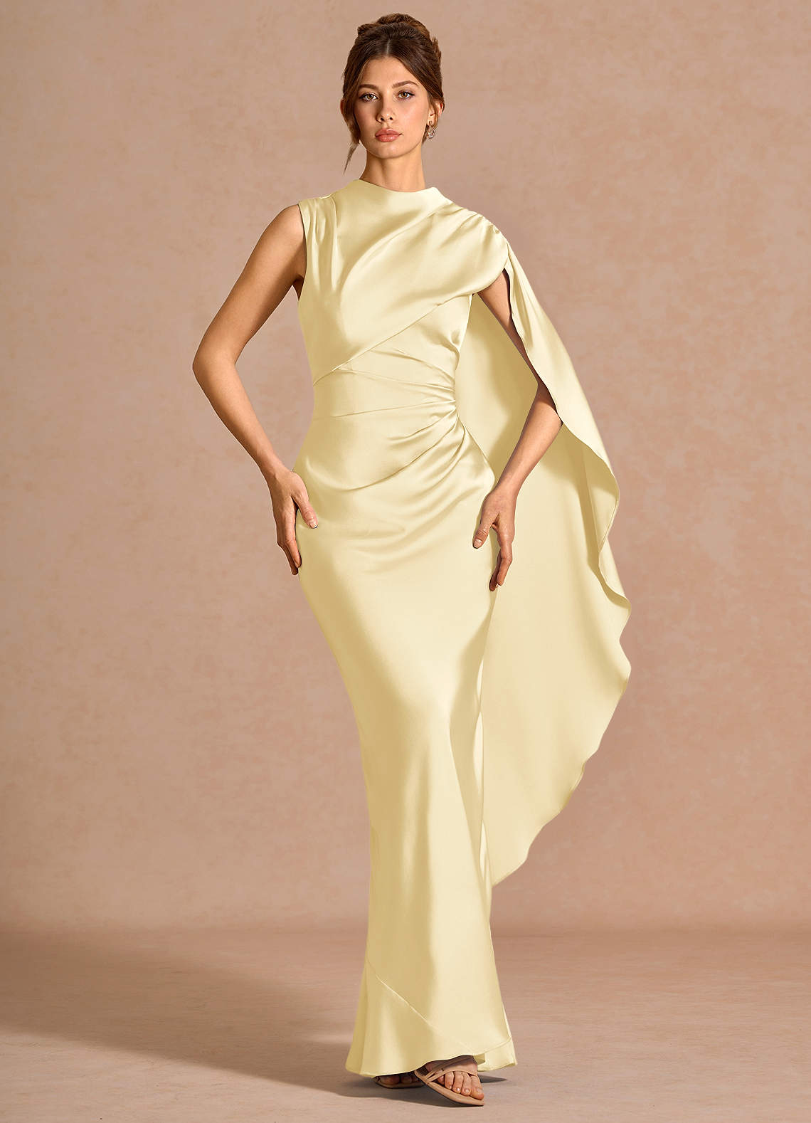 Chesney Cape-Sleeve Pleated Stretch Satin Wedding Guest Dress in Dusty Blue