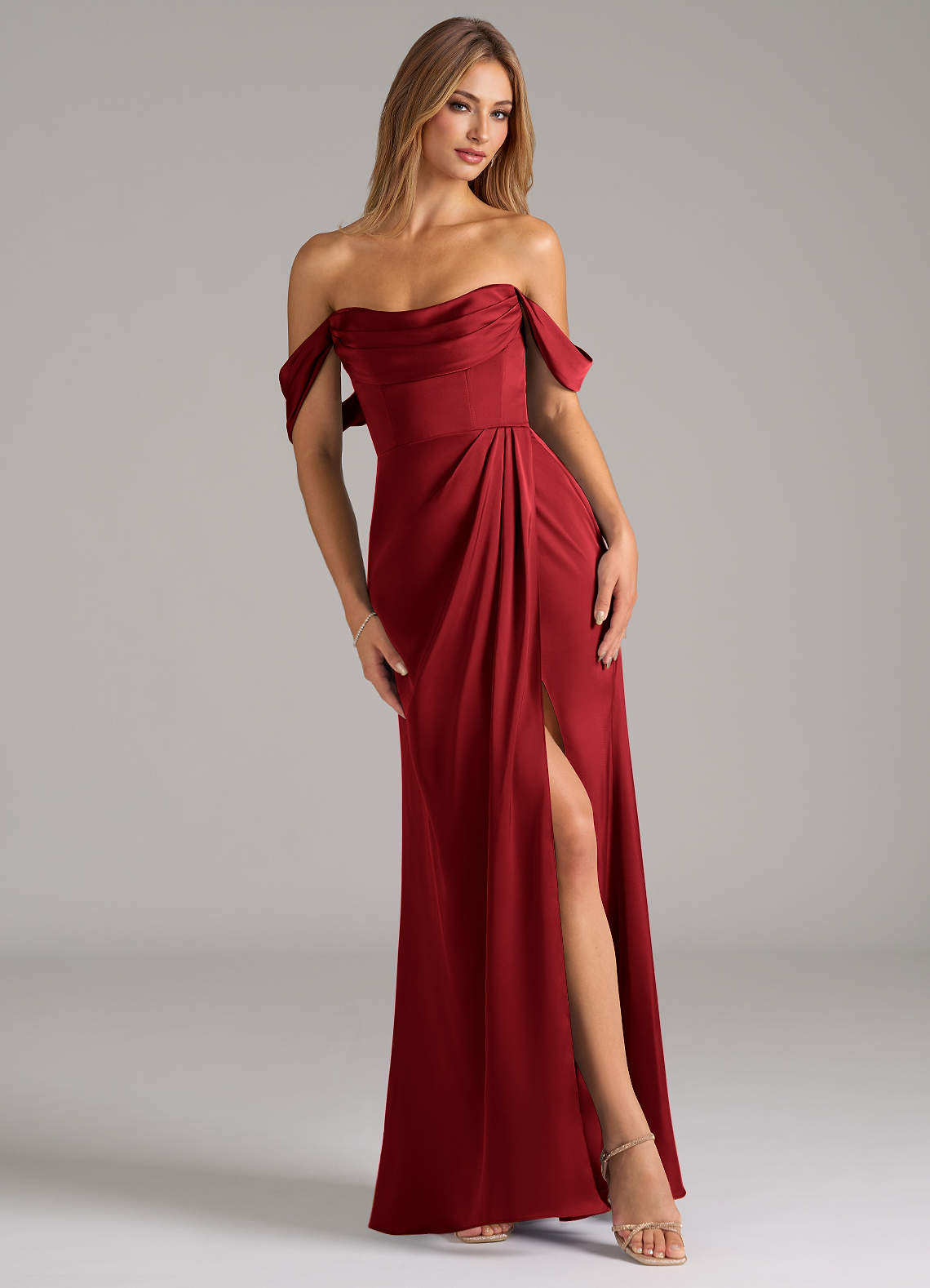 Johana Mermaid Off-the-Shoulder Stretch Satin Bridesmaid Dress in Scarlet