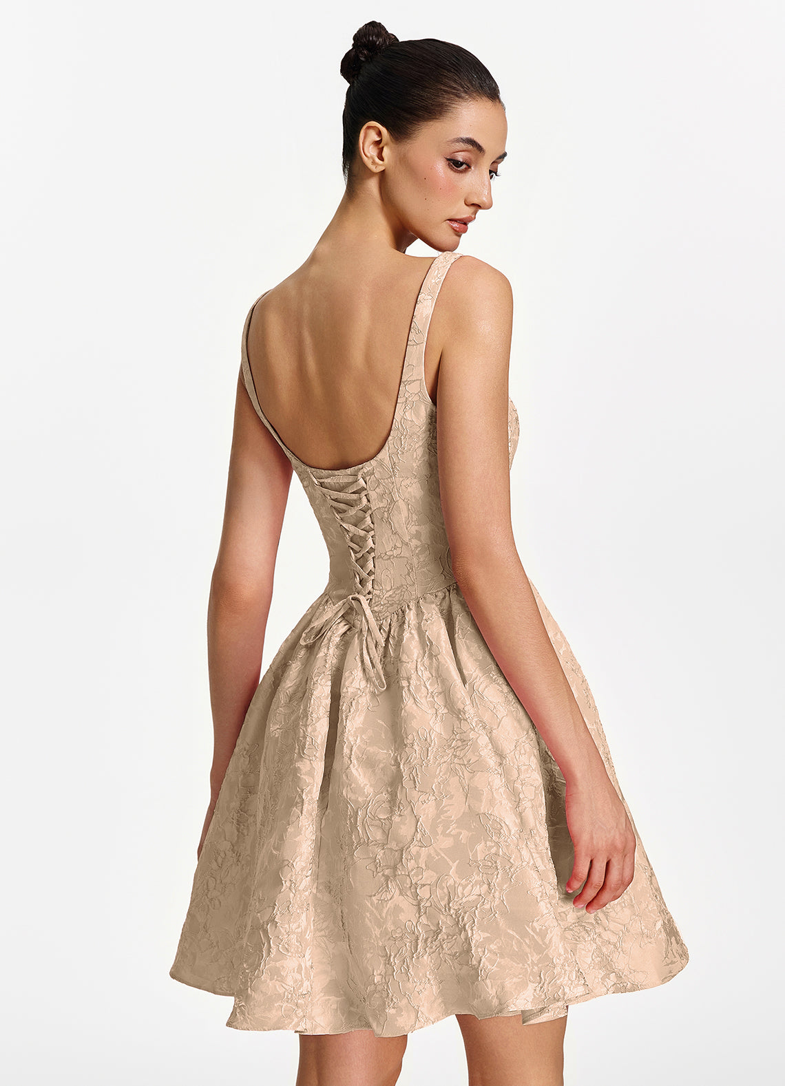 Lionelle Skater Mini Square-Neck Jacquard Prom Dress in Champagne - photo 2