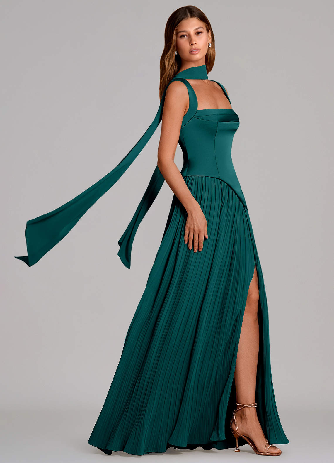 Stephanie A-Line Square-Neck Stretch Satin and Chiffon Bridesmaid Dress in Peacock