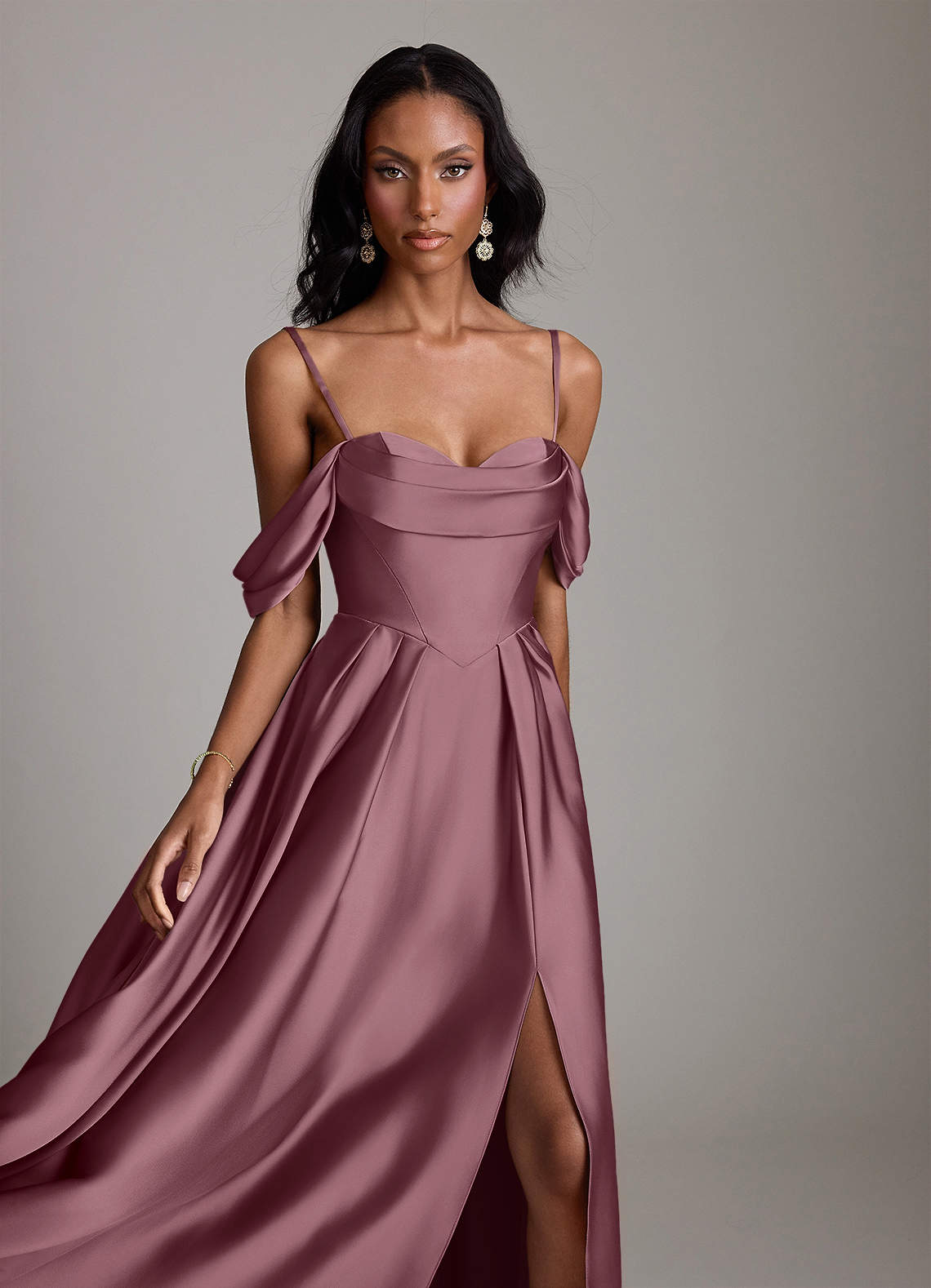 Loisa A-Line Off-the-Shoulder Stretch Satin Bridesmaid Dress in Amethyst