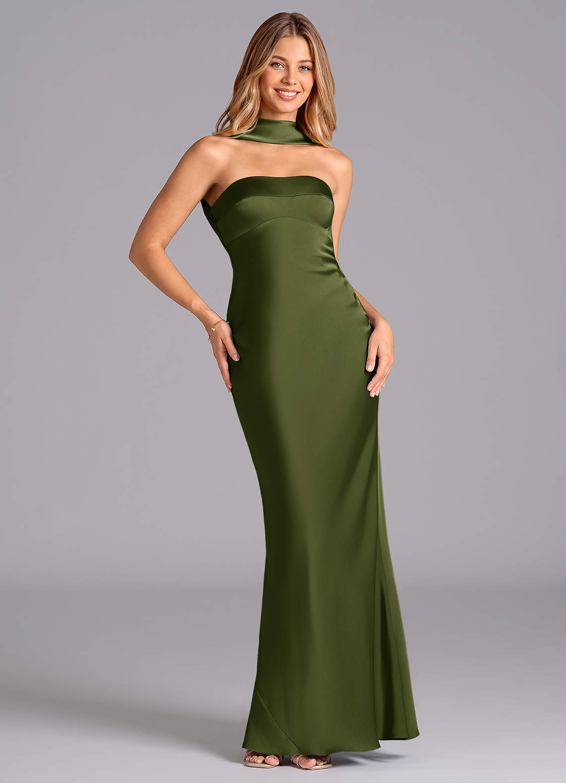 Lusinda Mermaid Strapless Stretch Satin Bridesmaid Dress in Olive