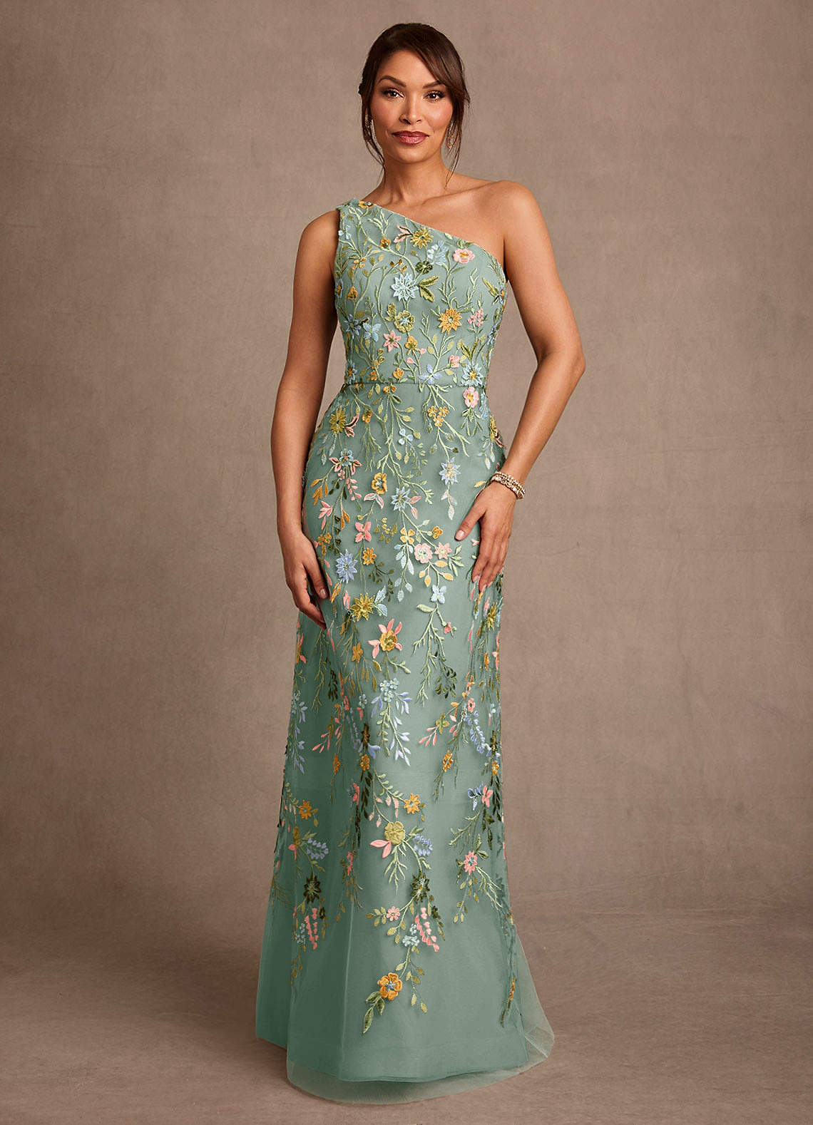 Bertie A-Line One-Shoulder Lace Mother of the Bride Dress in Silver Sage