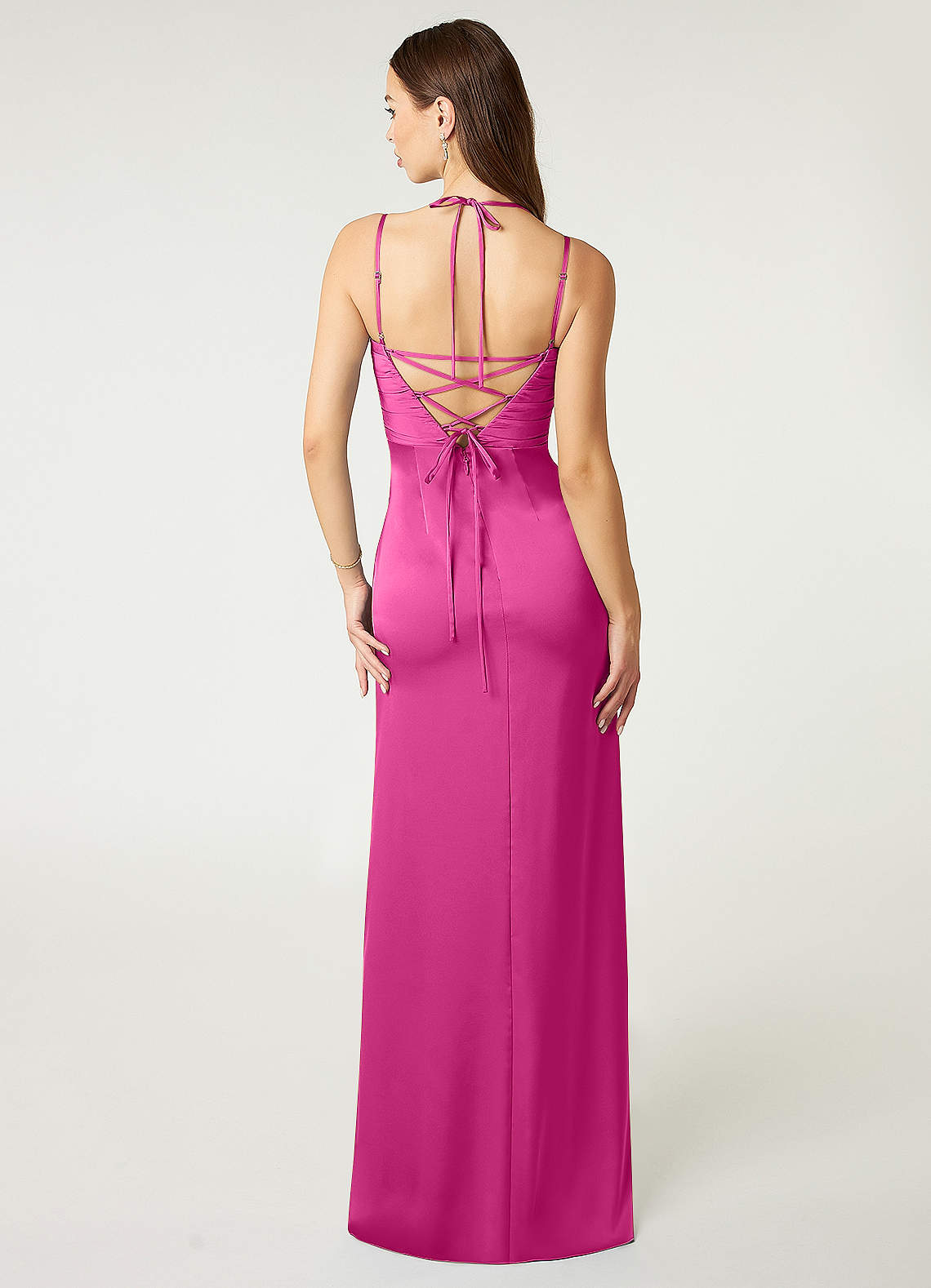 Desi Sheath Halter Stretch Satin Bridesmaid Dress in Fuchsia