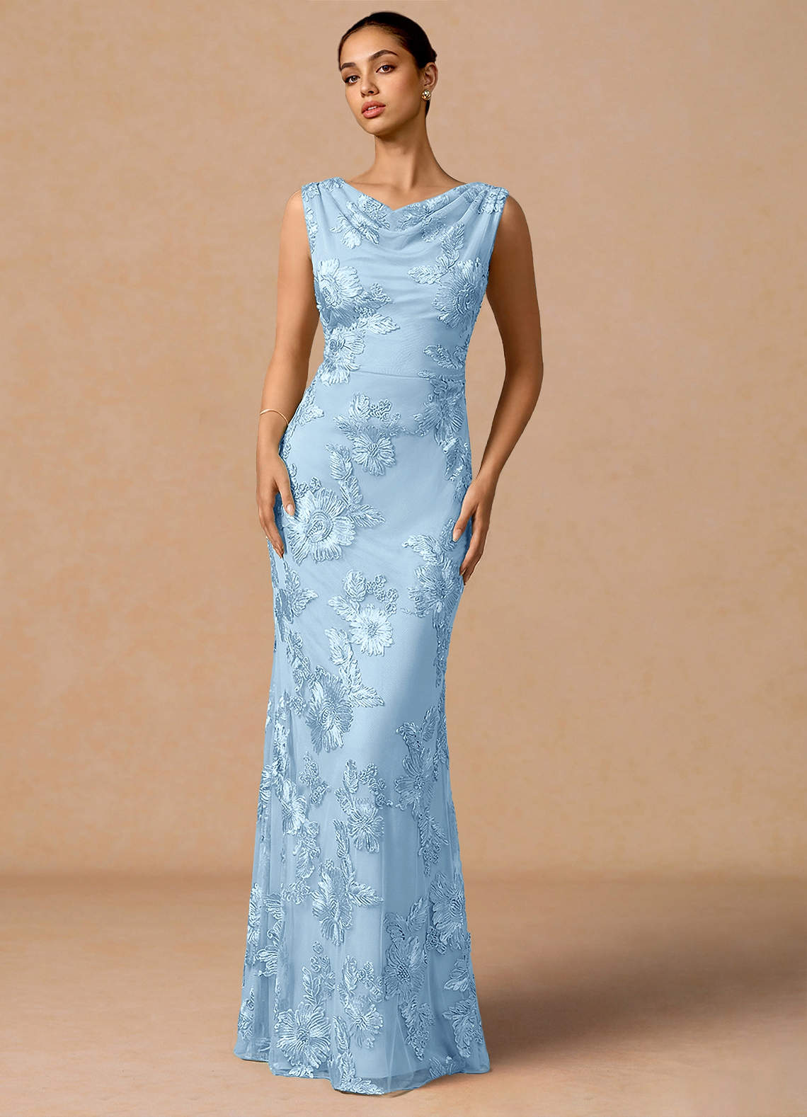 Elowis Column Open-Back Floral Mesh Evening Dress in Sky Blue