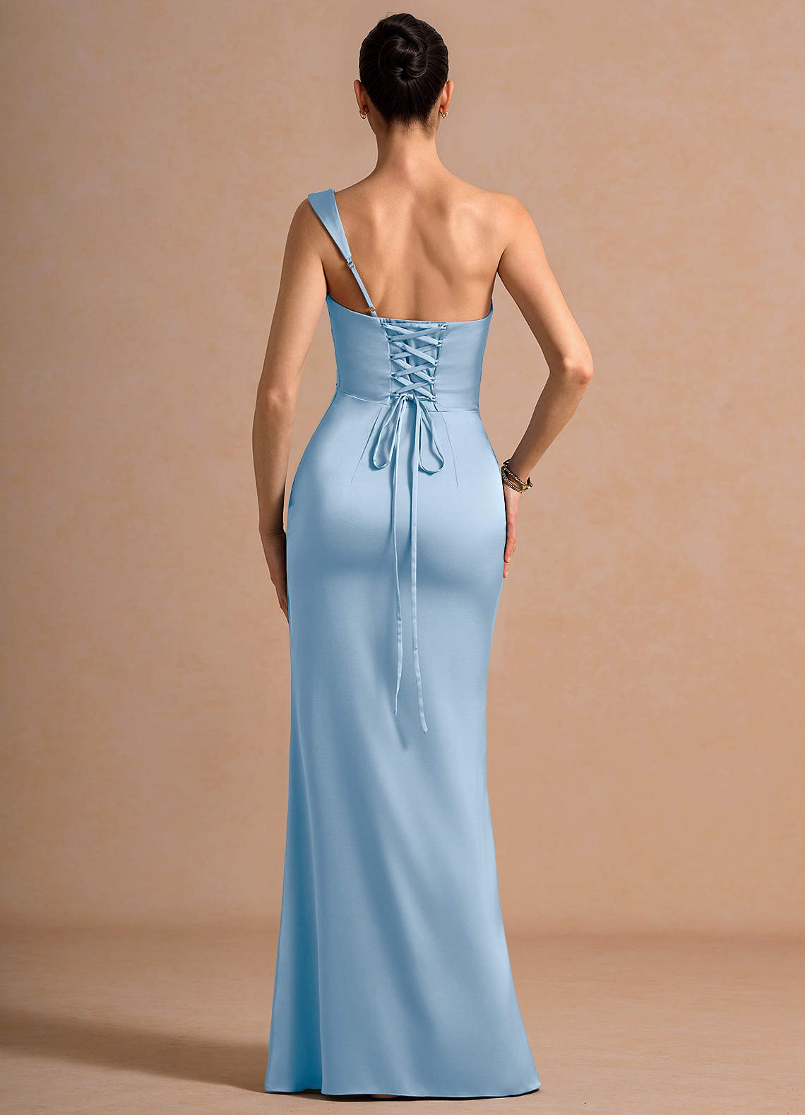 Cassiopeia One-Shoulder Draped Stretch Satin Evening Dress in Haze blue