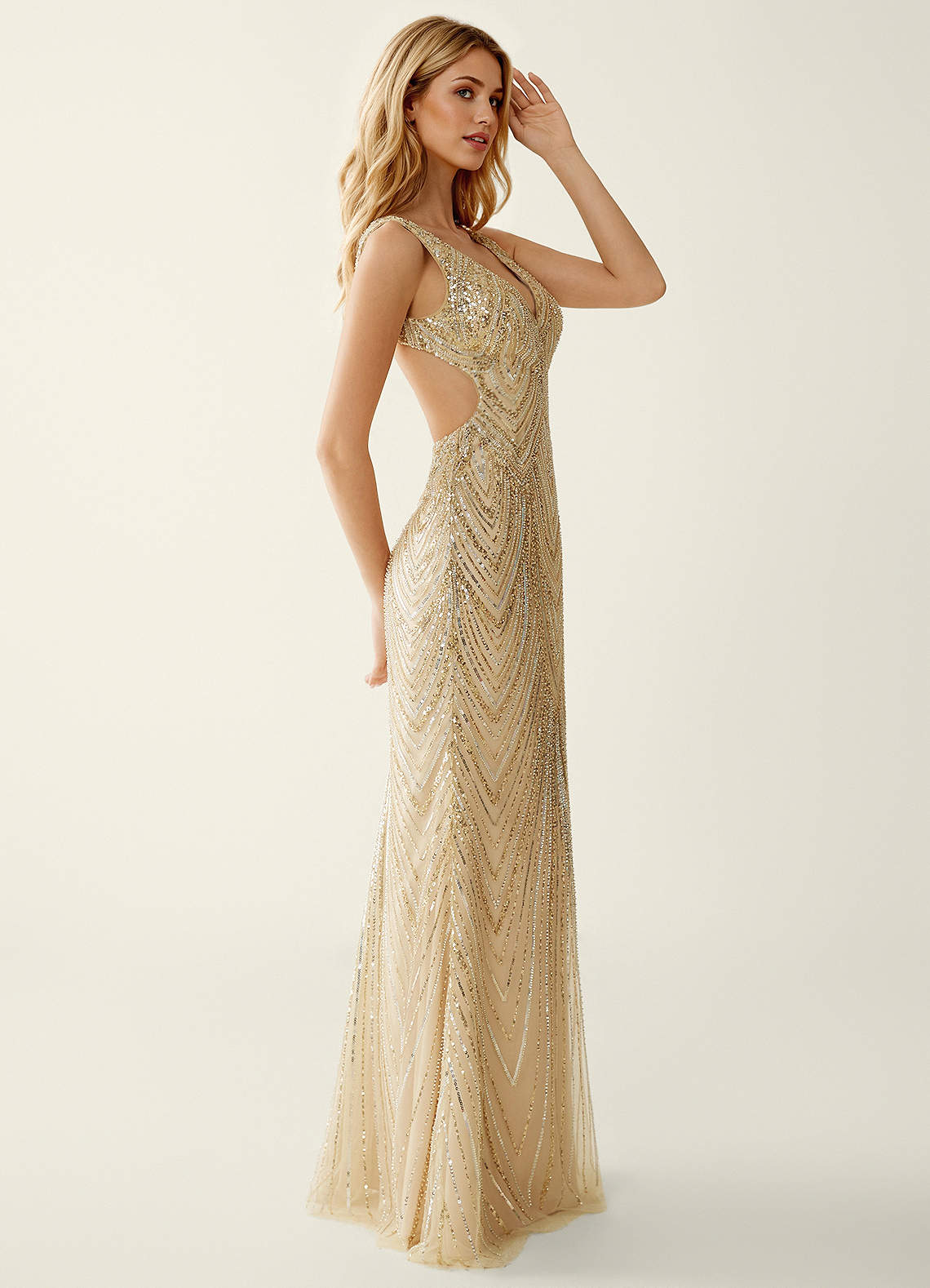 Hazelen Plunging V-Neck Chevron Sequin Tulle Evening Dress in Champagne