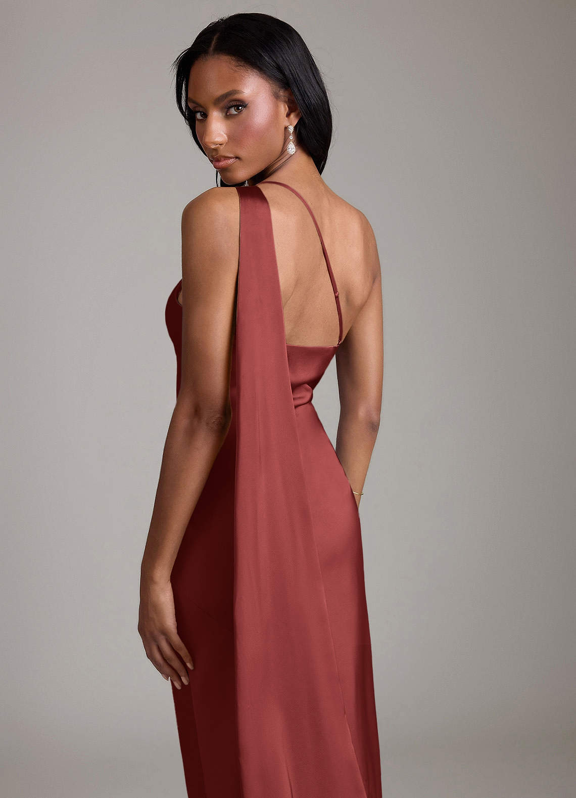 Juniper Mermaid One-Shoulder Stretch Satin Bridesmaid Dress in Terracotta