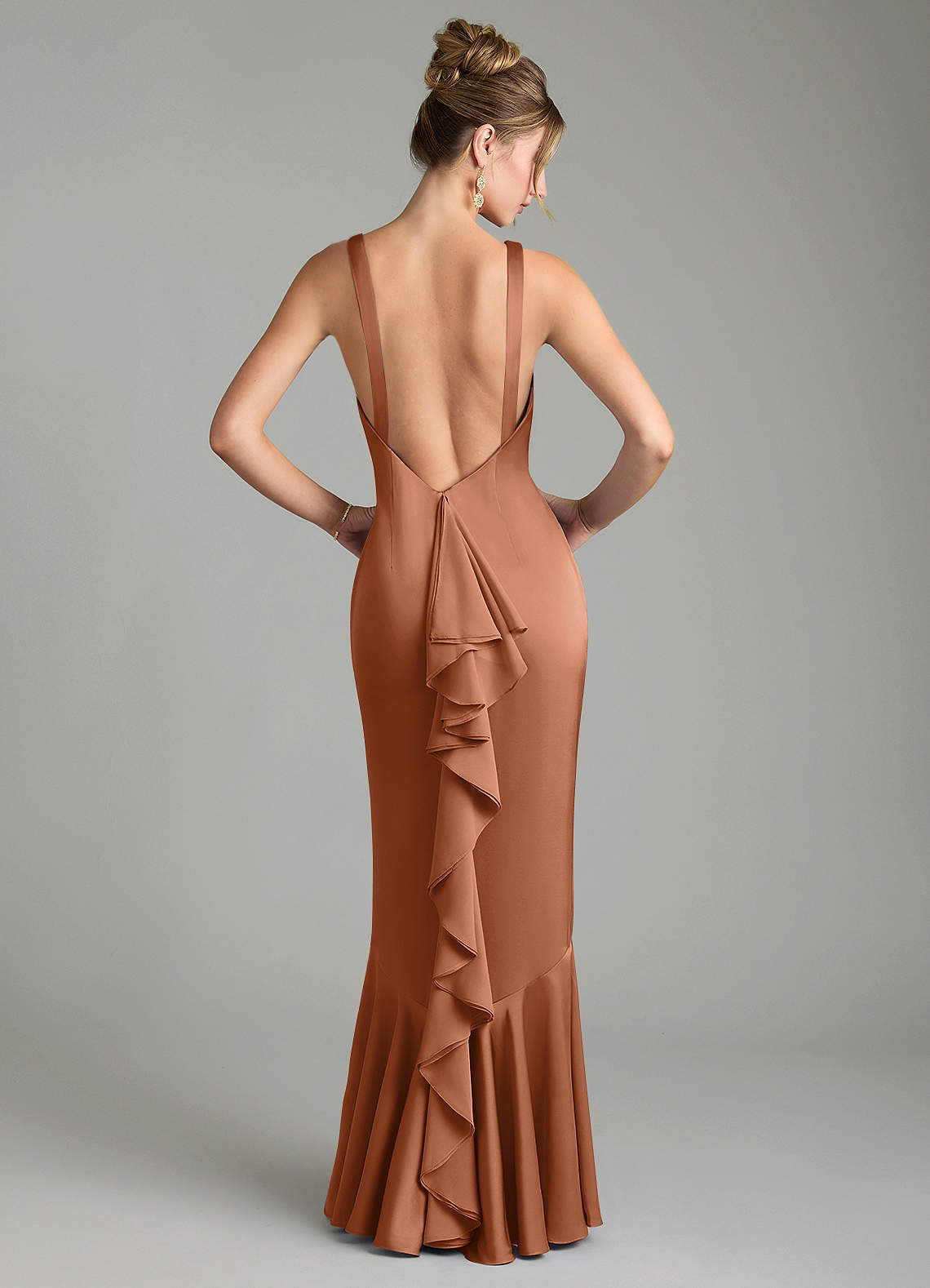Tamera Mermaid Boat-Neck Stretch Satin and Chiffon Bridesmaid Dress in Bronzer