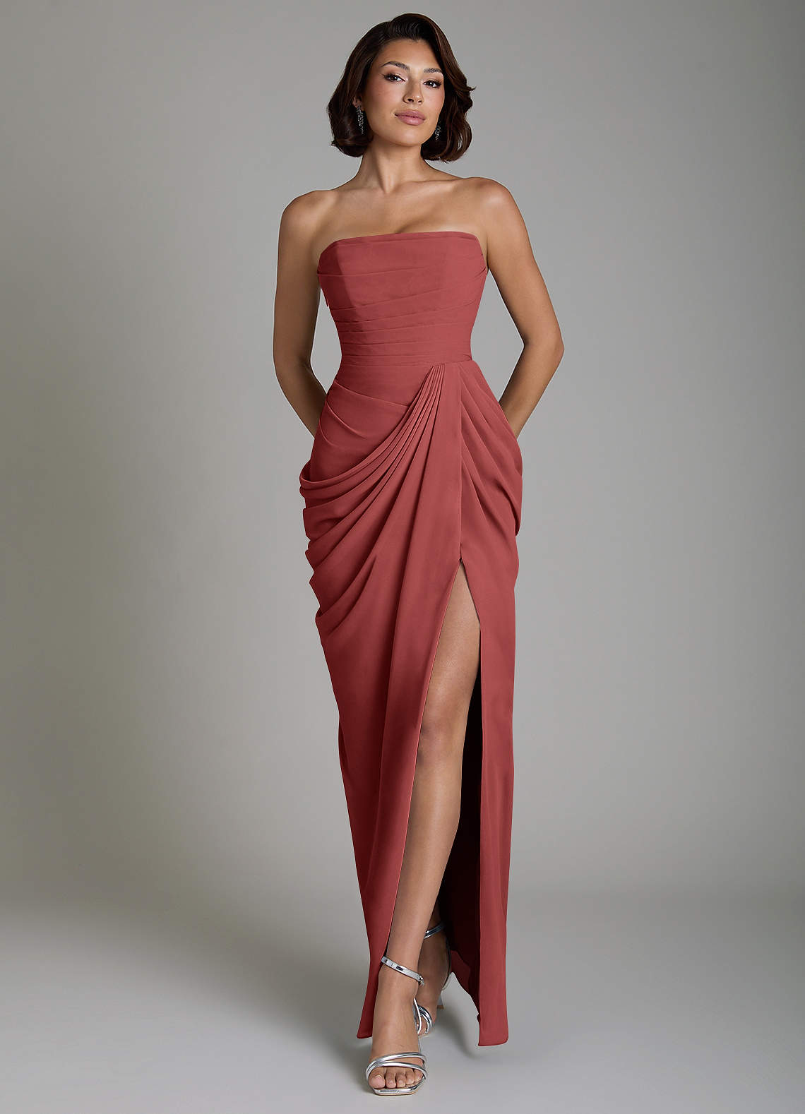 Nyra Sheath Strapless Chiffon Bridesmaid Dress in Terracotta