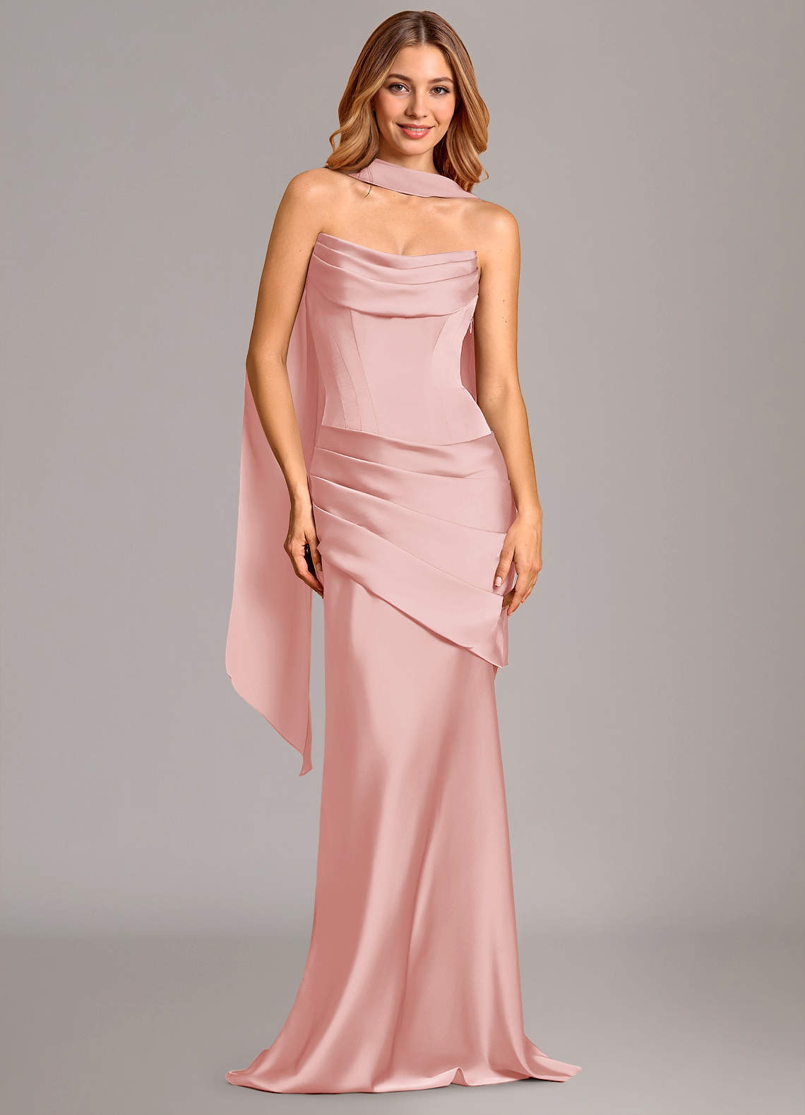 Pelagia Mermaid Cowl-Neck Stretch Satin Bridesmaid Dress in Powder Pink