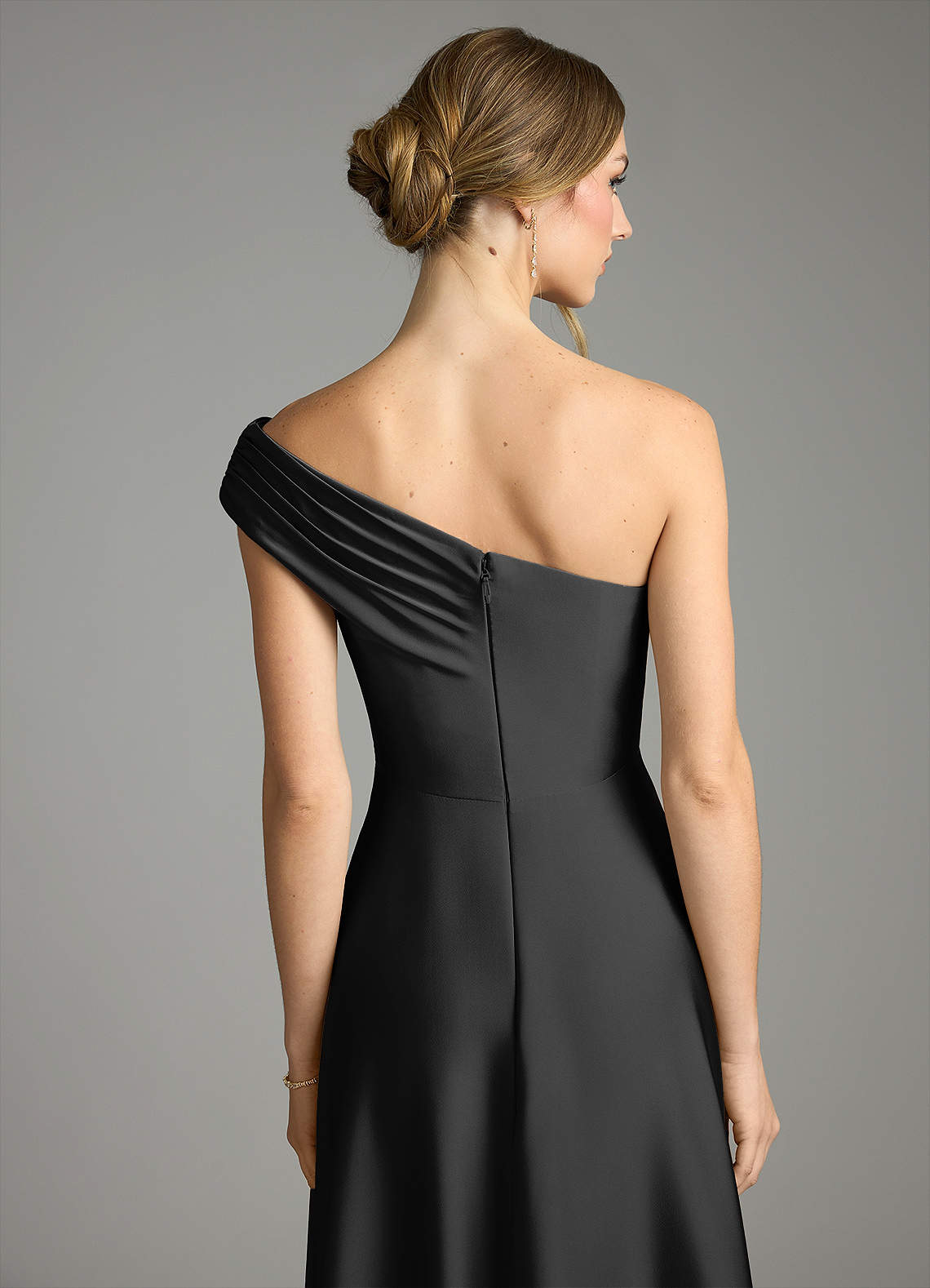 Melanie A-Line One-Shoulder Stretch Satin Bridesmaid Dress in black