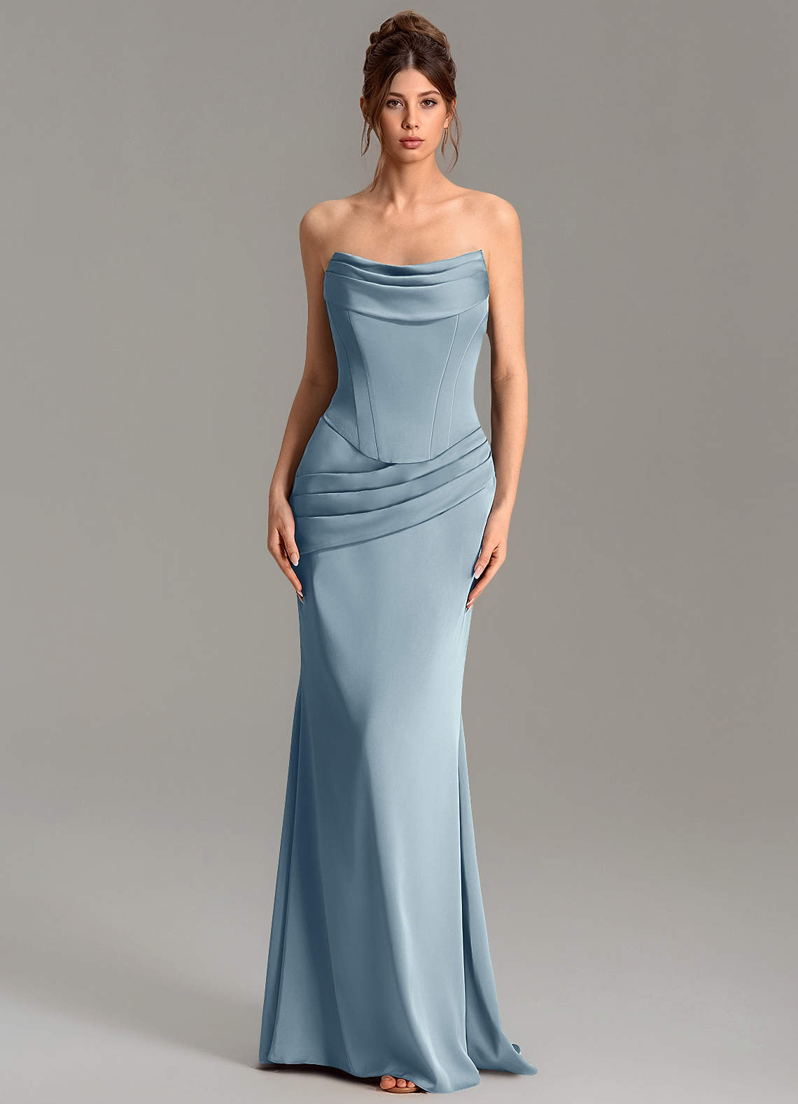 Adrienne Mermaid Cowl-Neck Stretch Satin Bridesmaid Dress in dusty blue
