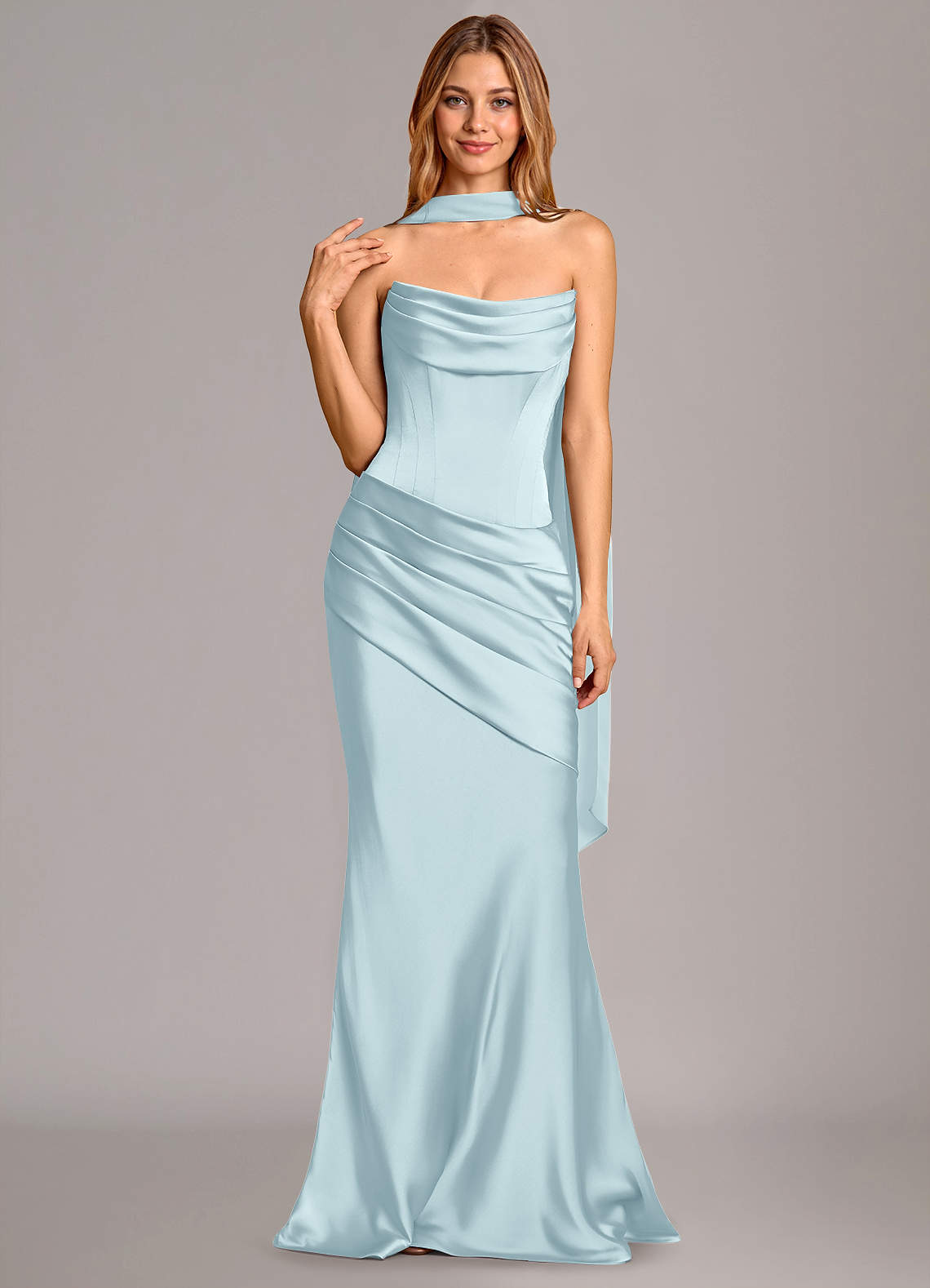 Pelagia Mermaid Cowl-Neck Stretch Satin Bridesmaid Dress in Cloud Blue