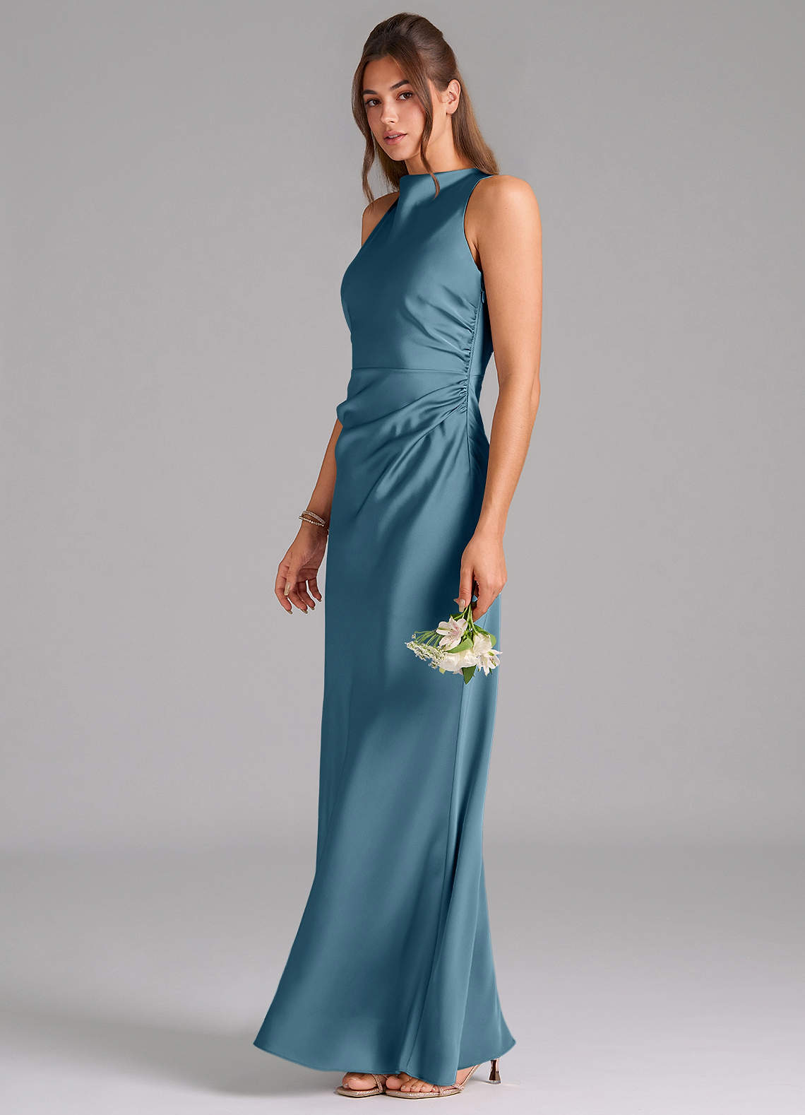 Evadne Sheath Scoop-Neck Stretch Satin Bridesmaid Dress in Bermuda