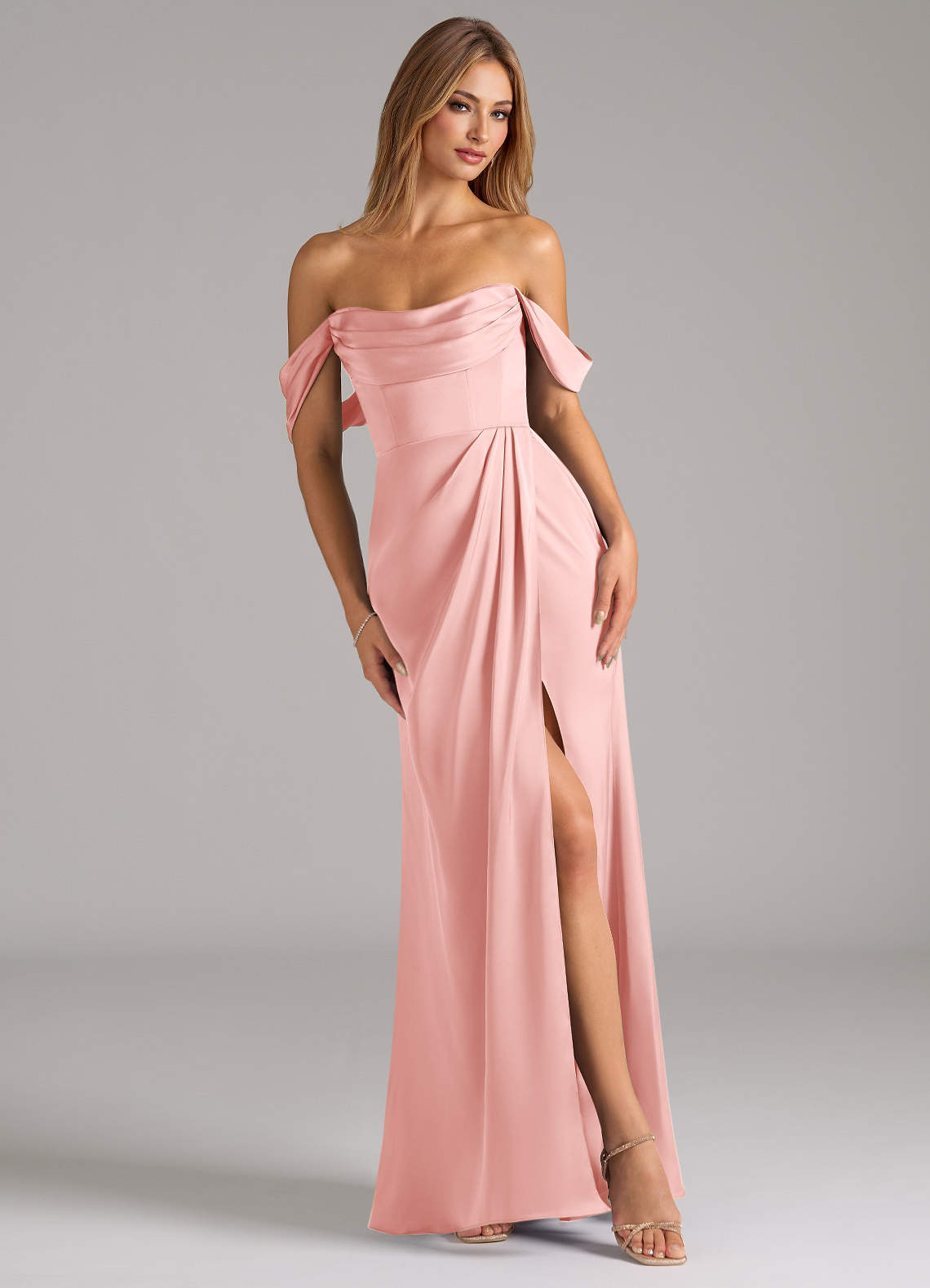 Johana Mermaid Off-the-Shoulder Stretch Satin Bridesmaid Dress in Powder Pink