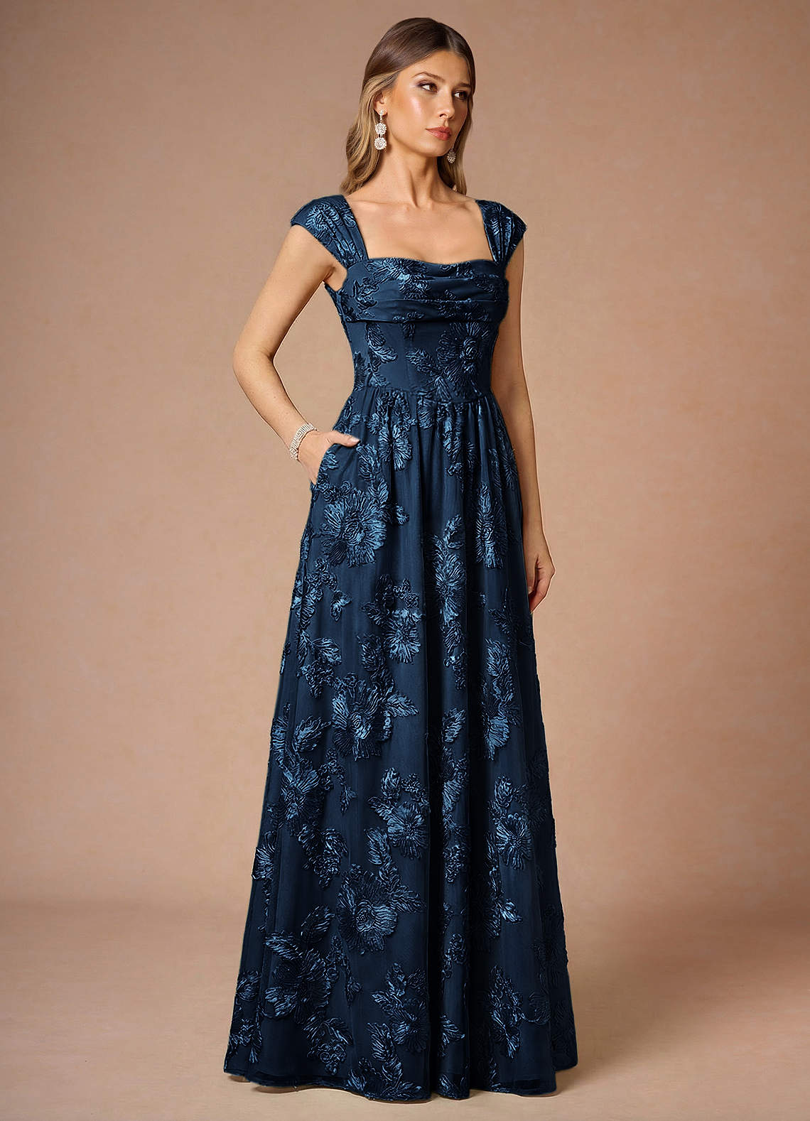 Hazel A-Line Cowl-Neck Floral Mesh Wedding Guest Dress in Navy
