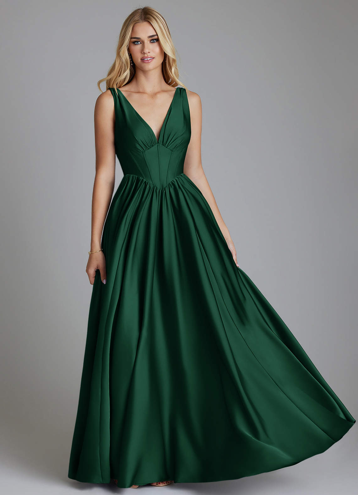 Delmie A-Line V-Neck Stretch Satin Bridesmaid Dress in Dark Green