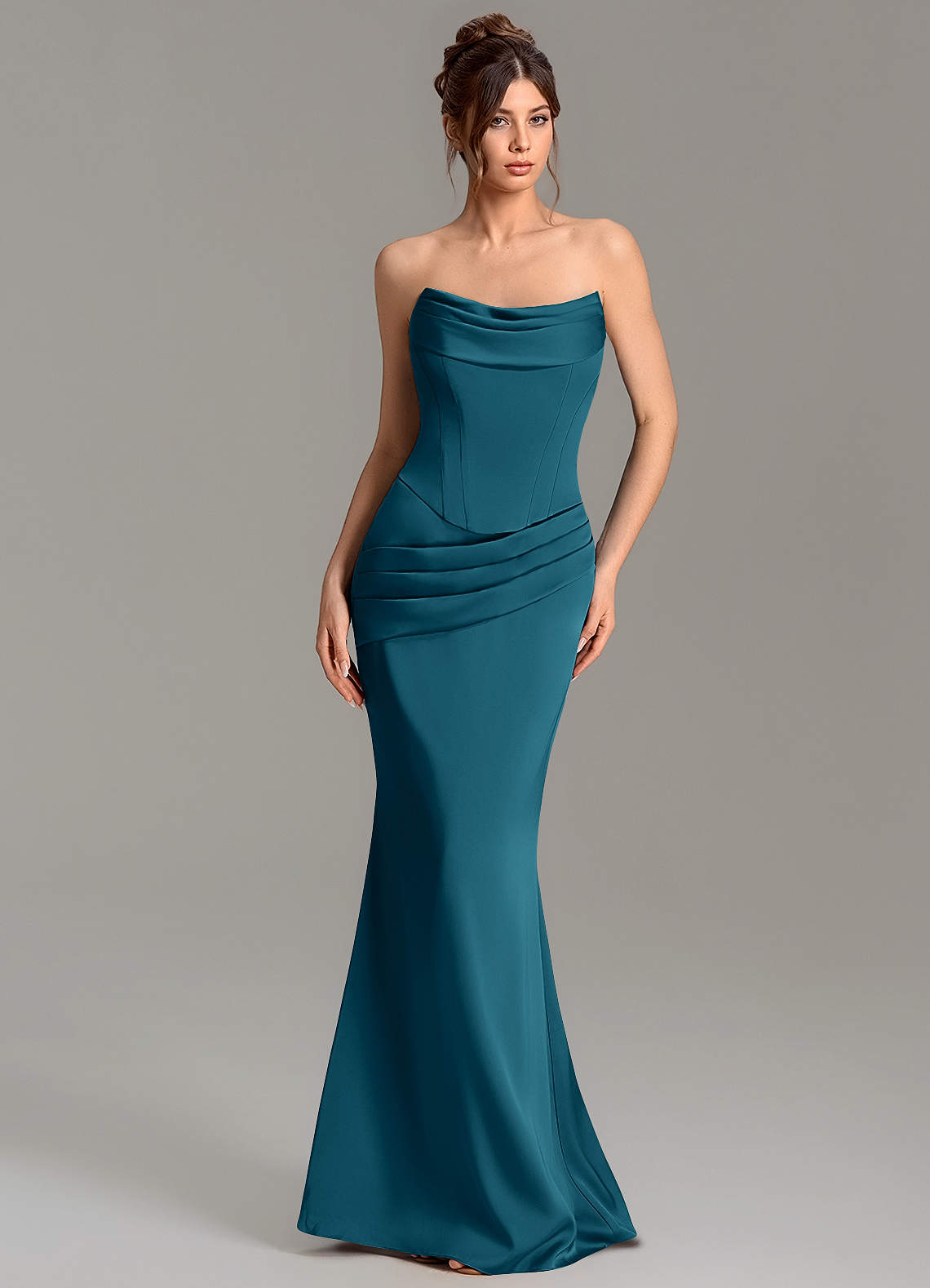 Adrienne Mermaid Cowl-Neck Stretch Satin Bridesmaid Dress in Ink Blue