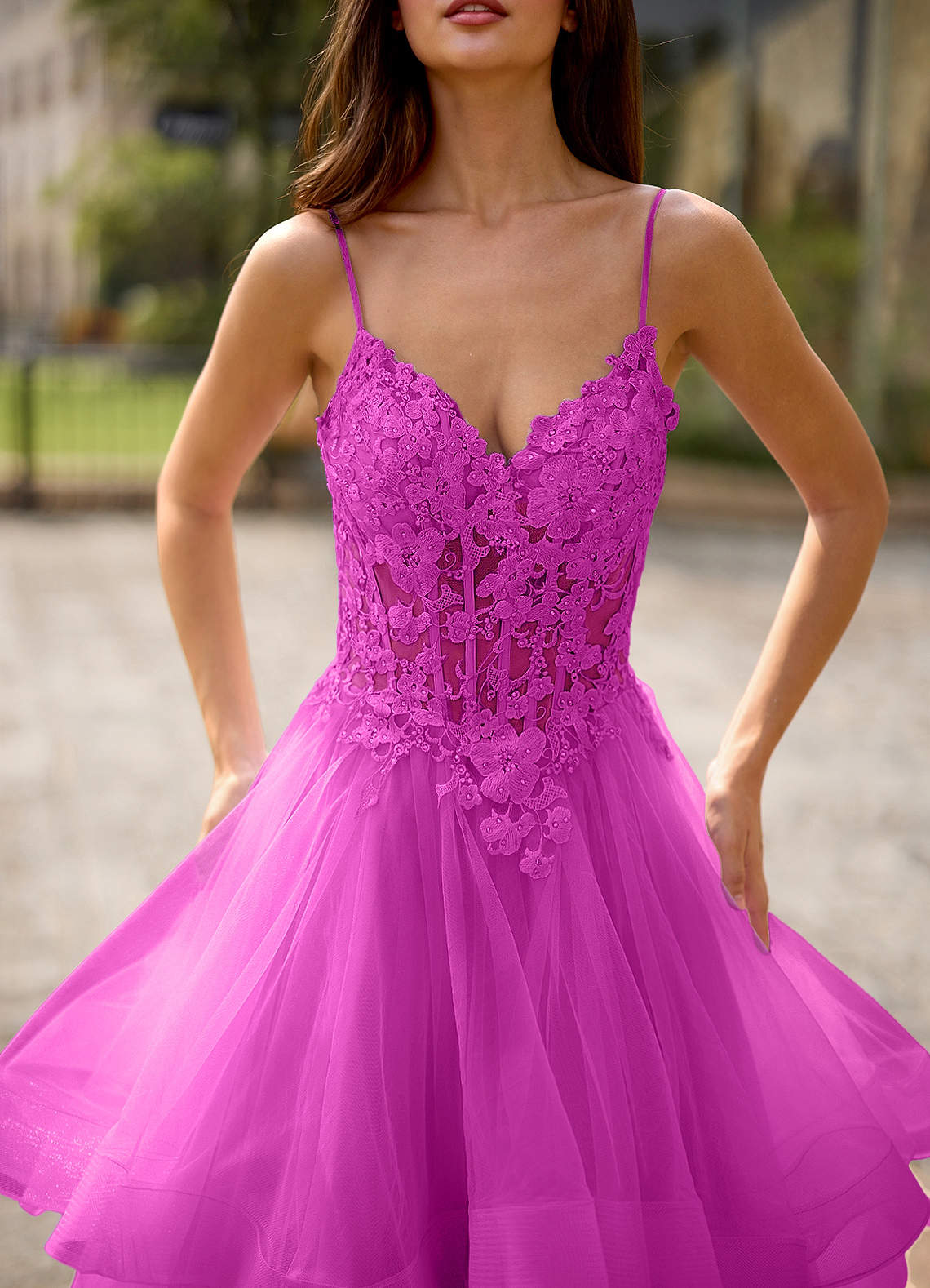 Spitze Ball Gown Sweetheart Lace Tulle Evening Dress in Fuchsia