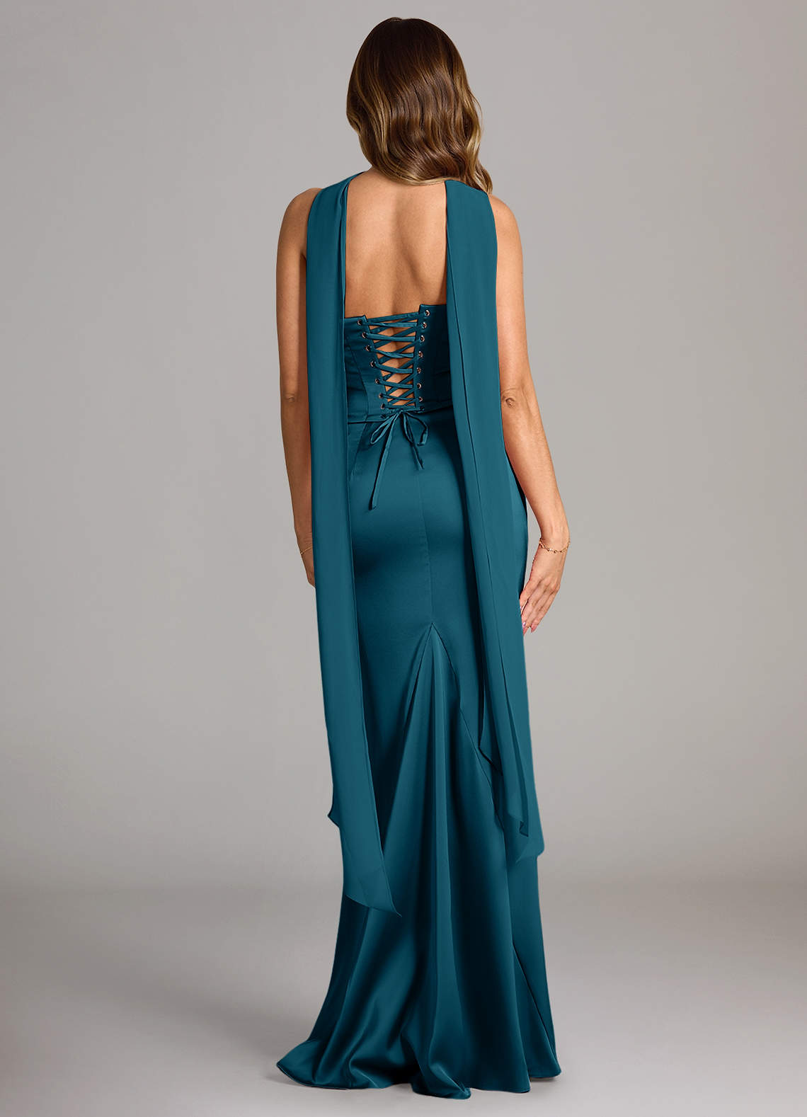 Sorrel Mermaid Cowl-Neck Stretch Satin and Chiffon Bridesmaid Dress in Ink Blue